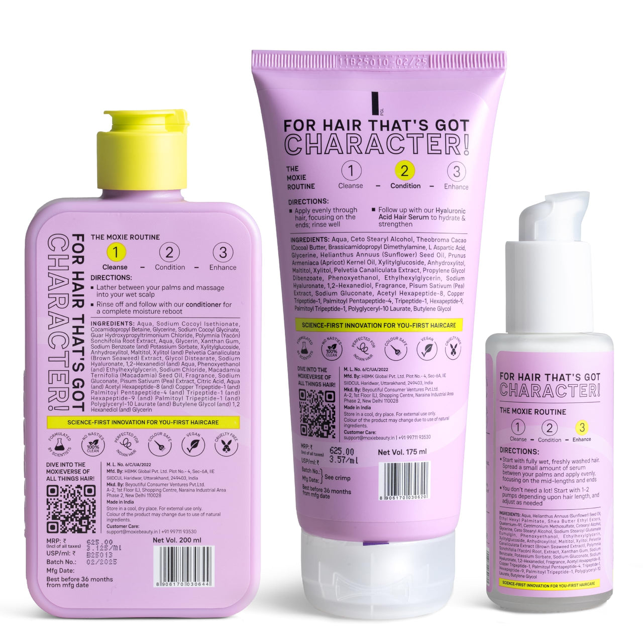 Moxie Beauty HydroRepair Routine | Sulfate-Free Shampoo + Protein-Enriched Conditioner + Hydrating Serum | Complete Hair Repair & Frizz Control | Strengthening & Moisture Lock | 200ml + 175ml + 50ml