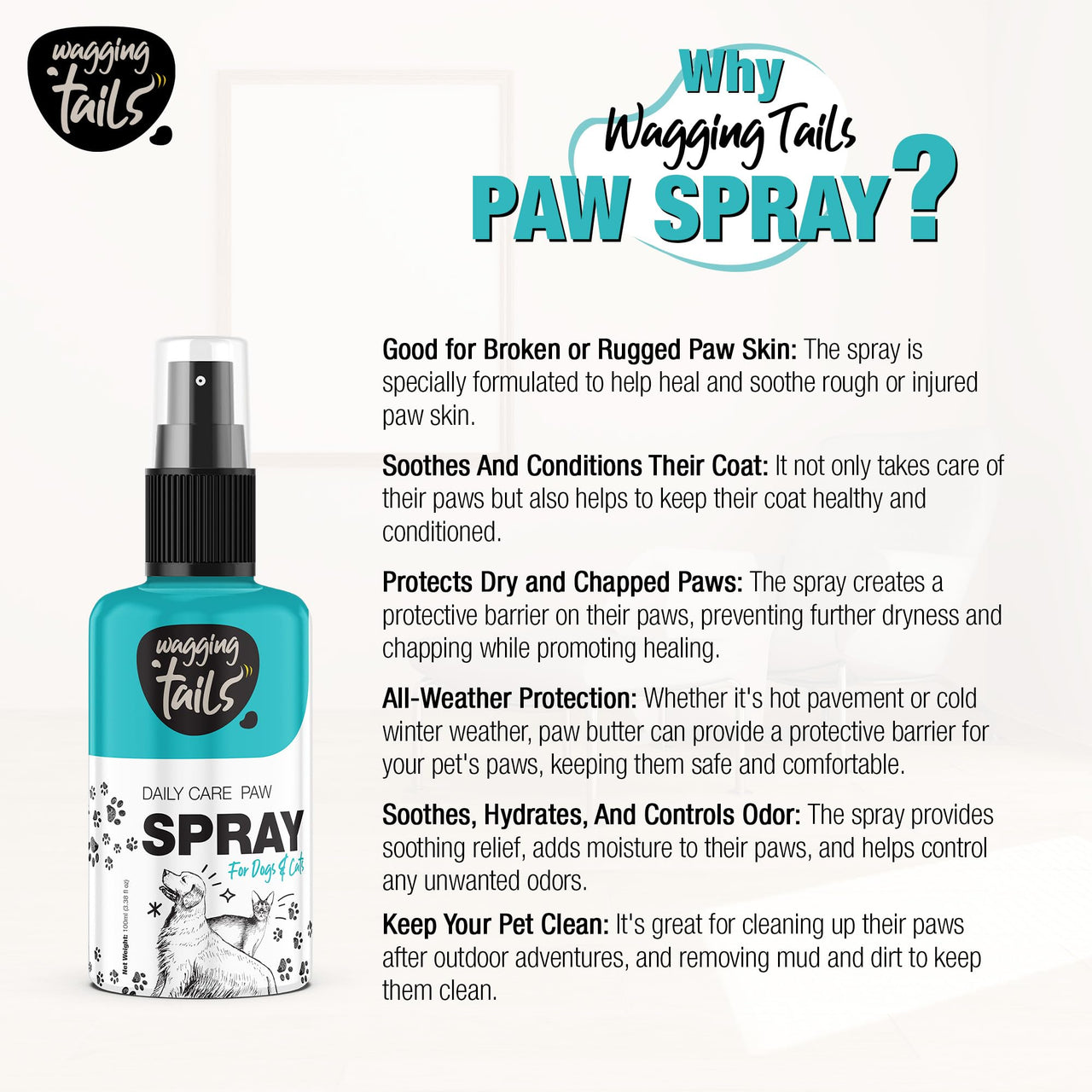 Wagging Tails Daily Care Paw Spray for Summer Walk- 100ml for Dirty, Dry, chapped and Muddy Paws | Natural Spray with Fragrance for Dogs, Cats and Puppies paw - Dog paw Clener Spray