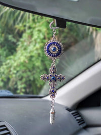 LUCKBOOSTIUM Blue Crystal Inlayed Cross & Blue Mandala Evil Eye Amulet w/Hanging Healing Stone - Nature, Energy, Rebirth, Growth Charms - Car & Home Lucky Charm Ornament (2