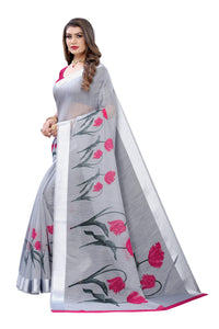 Tarshika Women's  Linen Blend Printed Saree With Blouse Piece(LINEN SAREE_NEW)