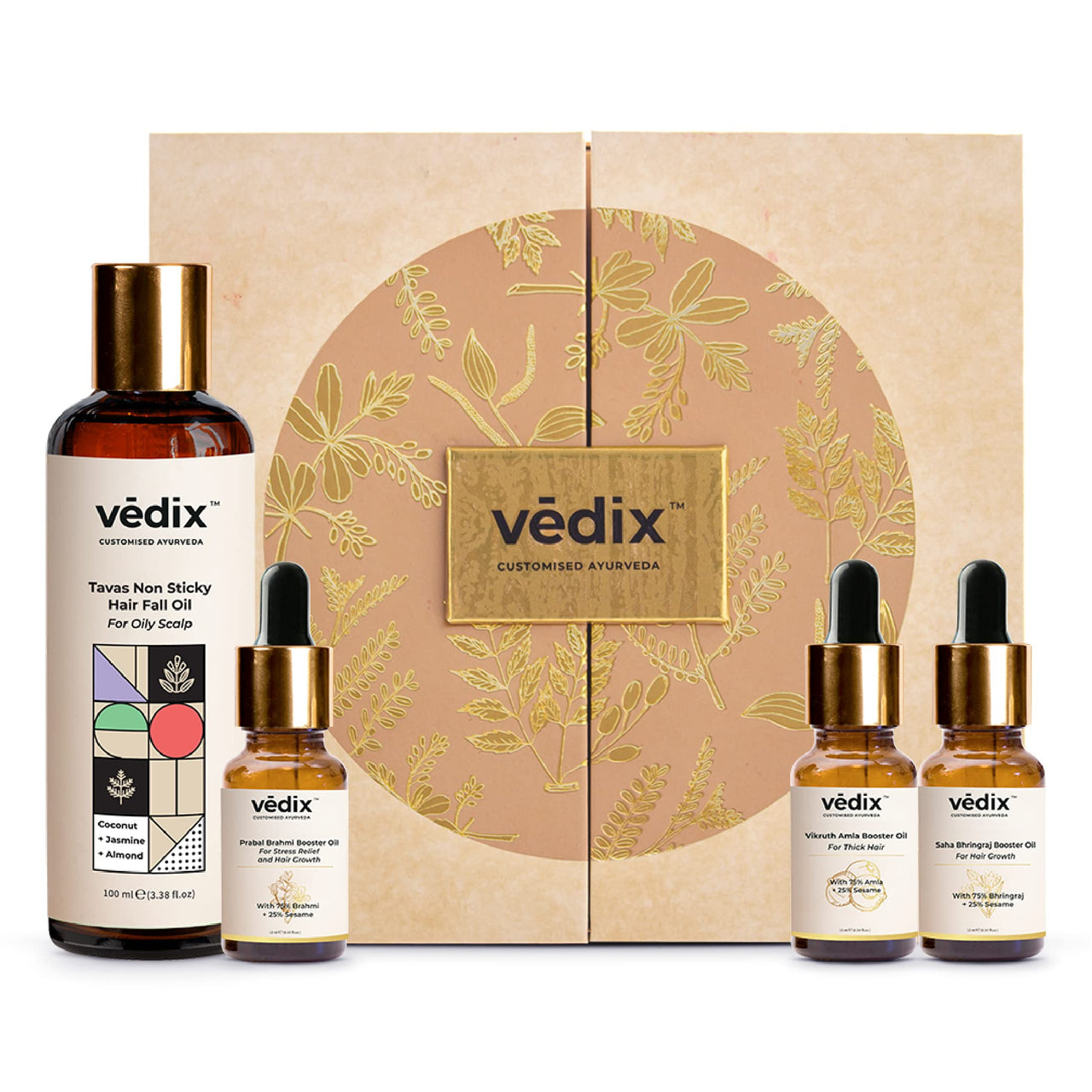 Vedix Ayurvedic Hair Fall Oil Combo with 3 Booster Oils, Tavas Non Sticky Hair Oil For Oily Scalp With Amla, Brahmi & Bhringraj Booster Oils, gift for women - 130ml