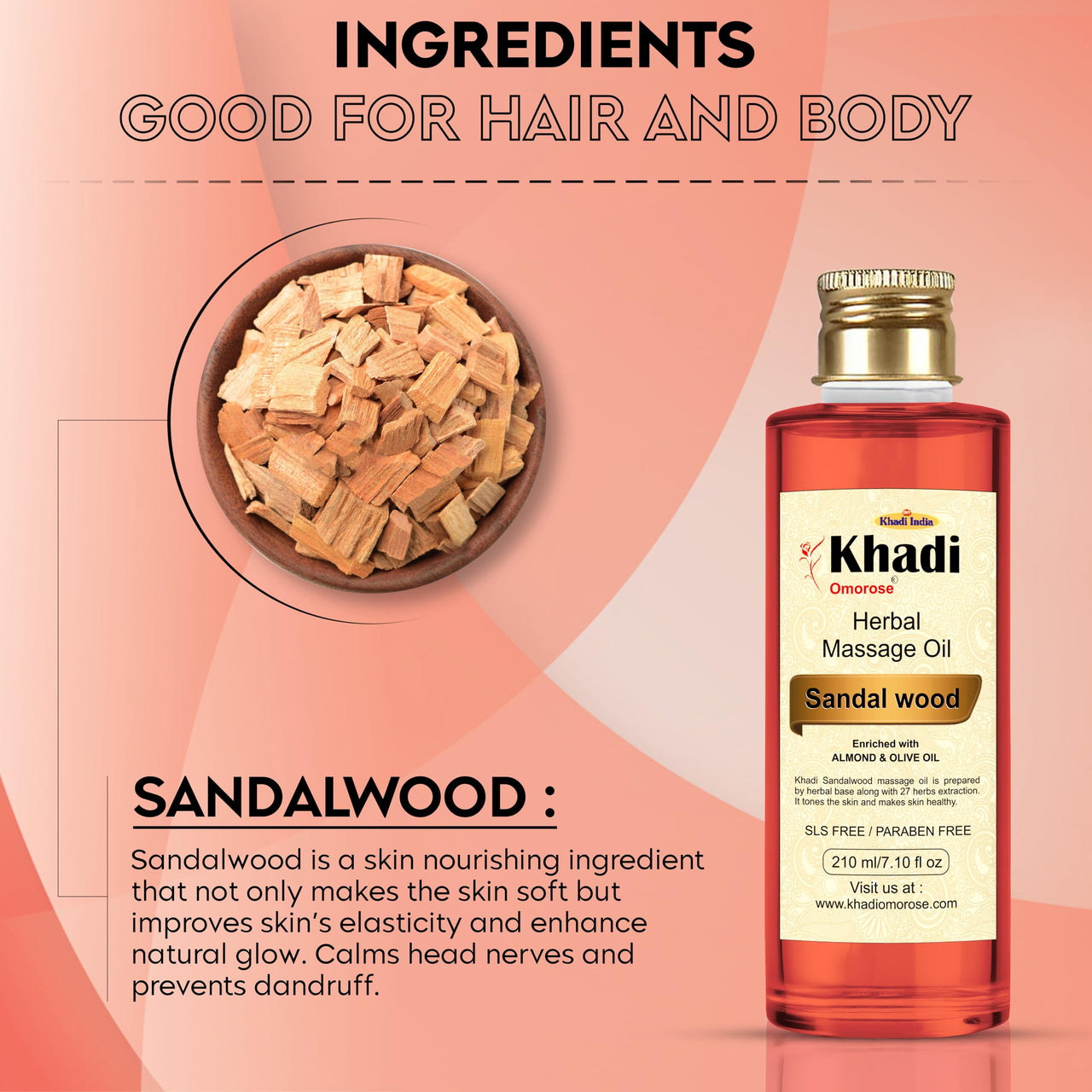 Khadi Omorose Sandalwood Massage Oil With Almond, Jojoba, Wheatgerm Olive, Sesame, Vitamin E Oil, 210 Ml