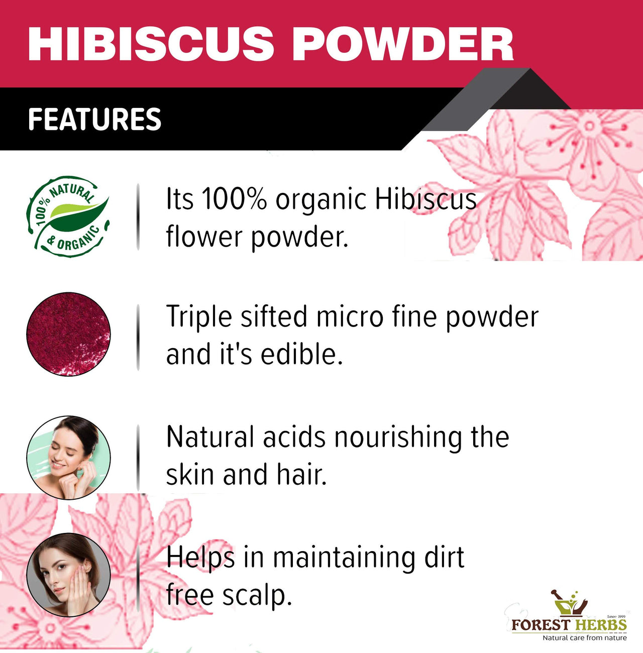The Forest Herbs Natural Care From Nature Pure Hibiscus Flower Powder 200g (Pack Of 1) | Ideal for Hair pack, Face pack, Eating, and Hibiscus tea | Gudhal Ka Phool Powder | 100% Pure and Natural, No Preservatives