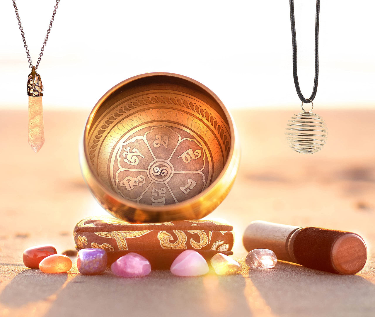Tibetan Singing Bowl Set - Rose Quartz Pendulum Necklace and 7 chakra healing crystal stones - Handcrafted in Nepal for Meditation, Mindfulness, Yoga, Spiritual Healing and Stress Relief 4" Bronze