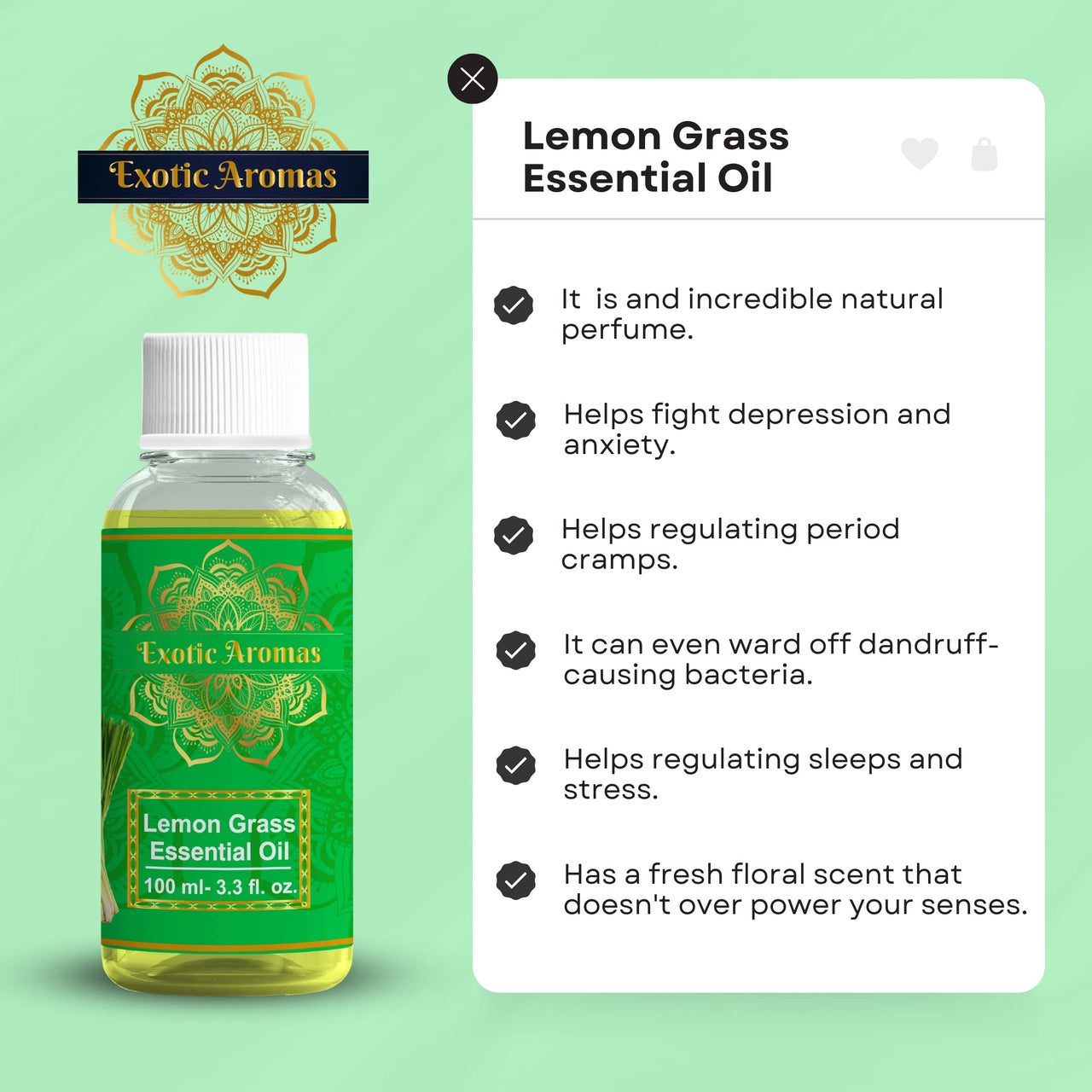 Exotic Aromas Lemongrass Essential Oil for Aroma Therapy, Stress Relief, Hair, Skin & Sleep, 100 M