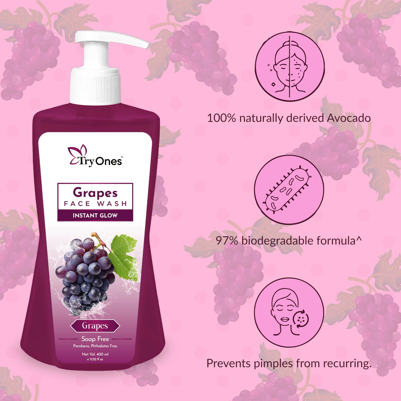 TryOnes Skin Naturals Bright Complete Face Wash and Glowing Skin - Daily Cleanser Suitable For all Skin Types_Grapes_400ml