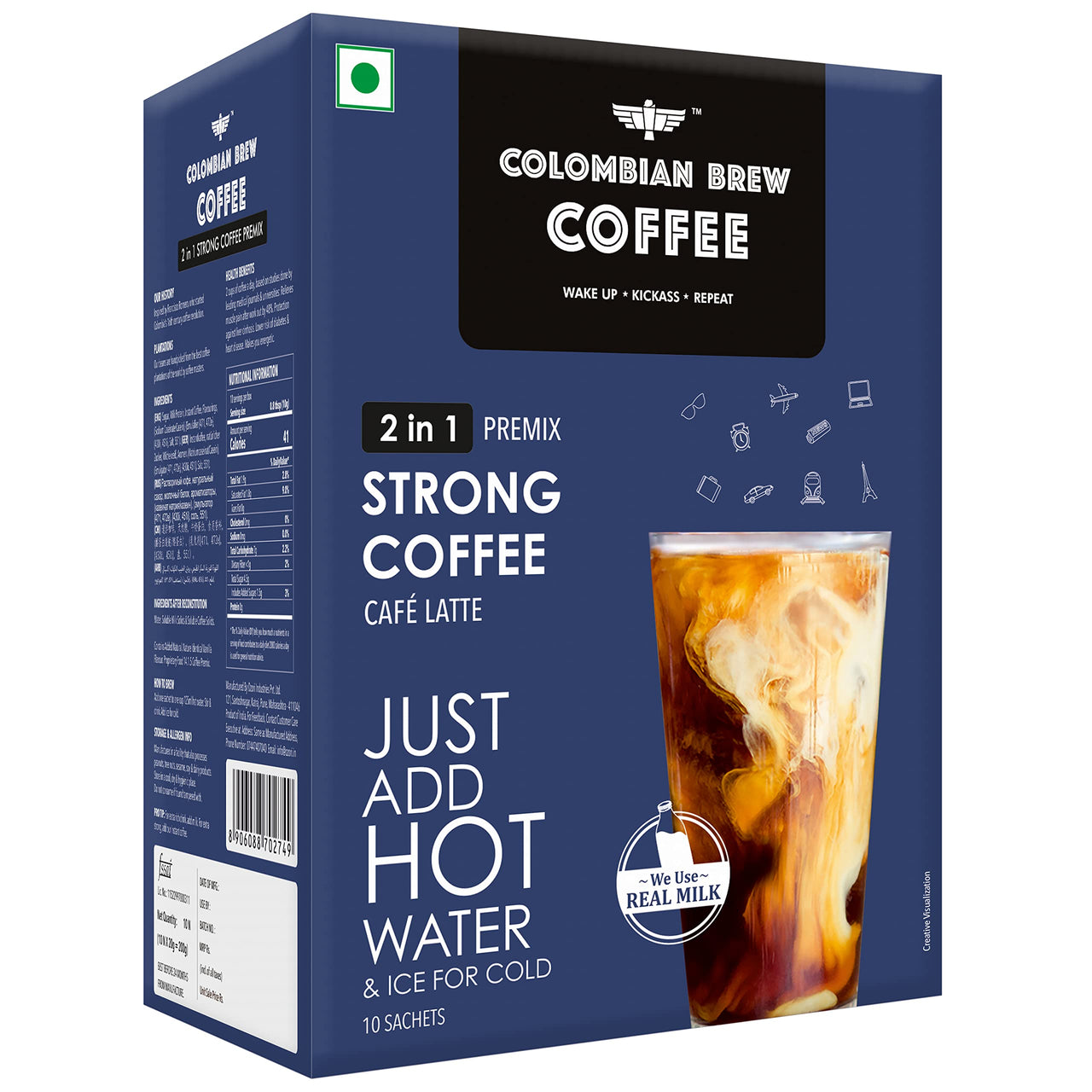 Colombian Brew 2 in 1 Instant Coffee Powder Premix unsweetened No sugar, 10 Sachets Box