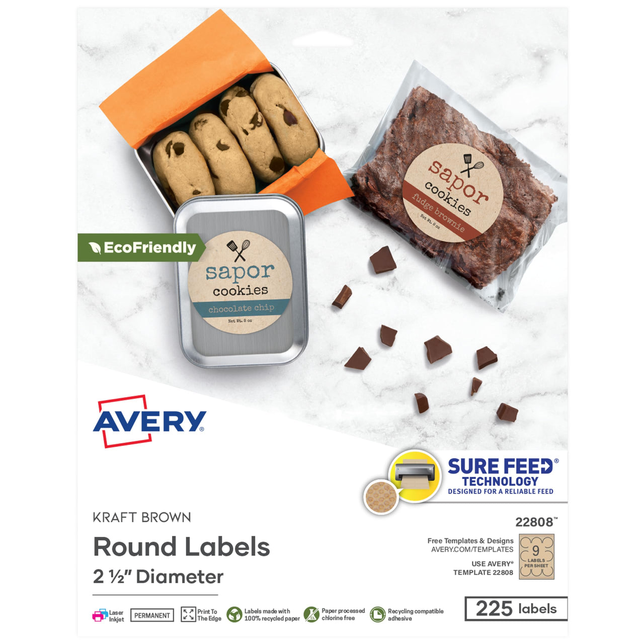 Avery Kraft Brown Round Labels with Sure Feed Technology, 2.5" Diameter, Print to The Edge, Laser/Inkjet Printable Labels, 225 Total (22808) 225 labels