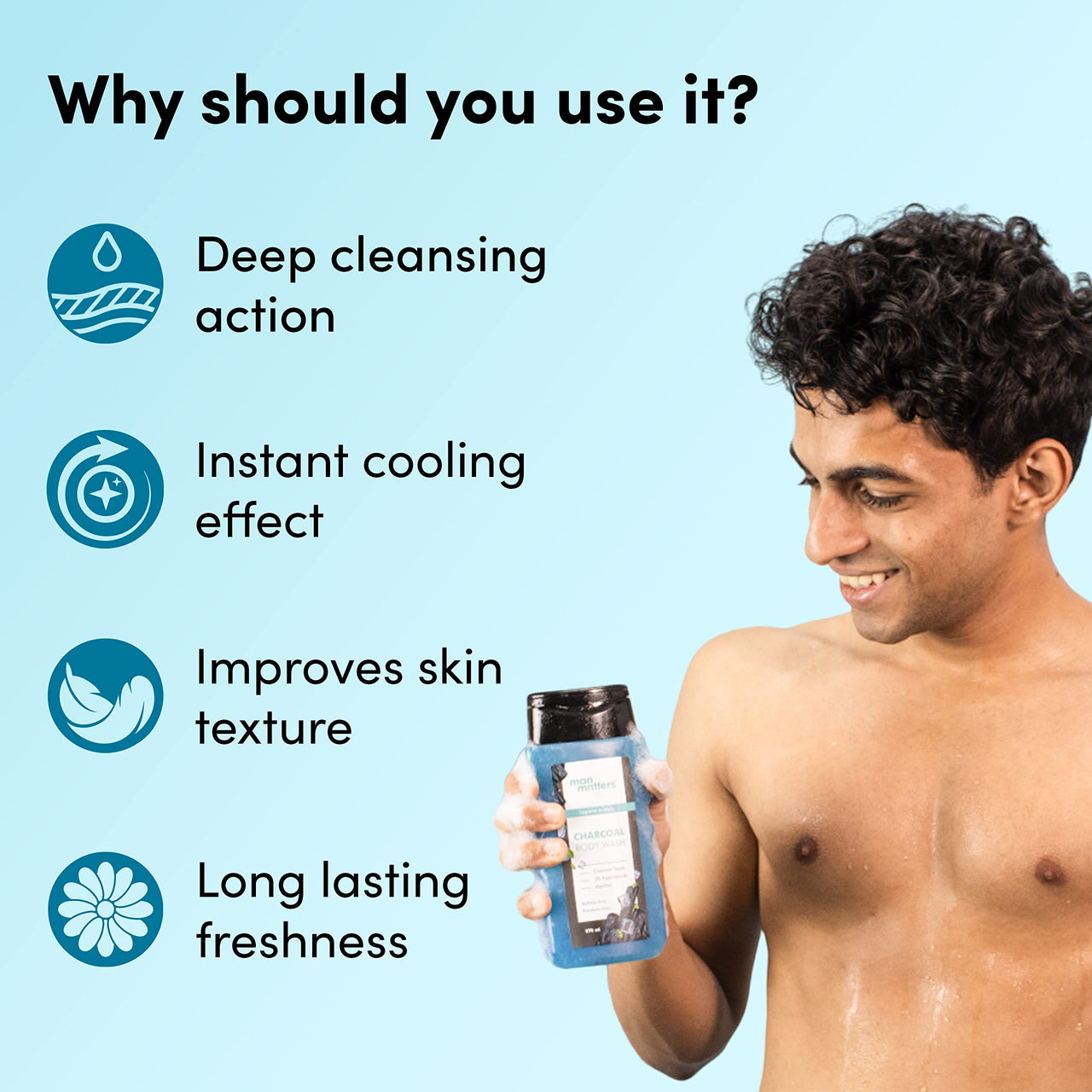 Man Matters 3 in 1 Action Charcoal Body Wash (Pack of 2) | Menthol, 5% Niacinamide & Activated Charcoal Beads | For Instant Cooling & Odor Protection | 500ml