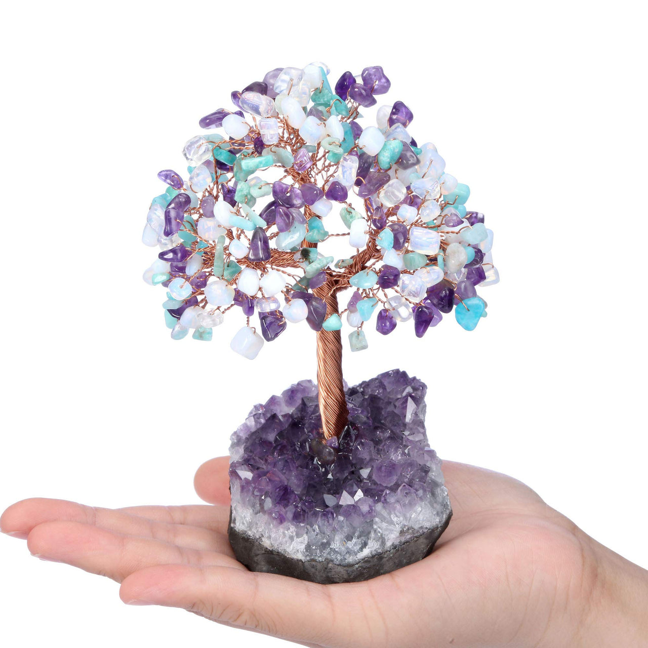 Jovivi Natural Amethyst/Amazonite/Opalite Mixed Healing Crystal Money Tree on Amethyst Cluster Geode Druzy Base Feng Shui Crystals for Home Office Desk Decorations, Wealth, Good Luck Amethyst+amazonite+opalite