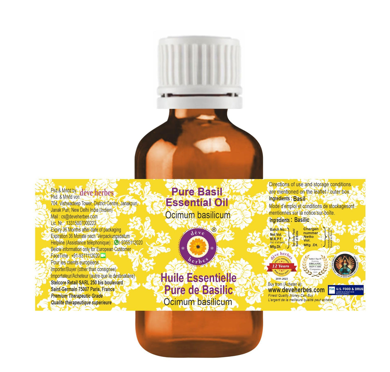 Deve Herbes Pure Basil Essential Oil (Ocimum basilicum) Steam Distilled 15ml