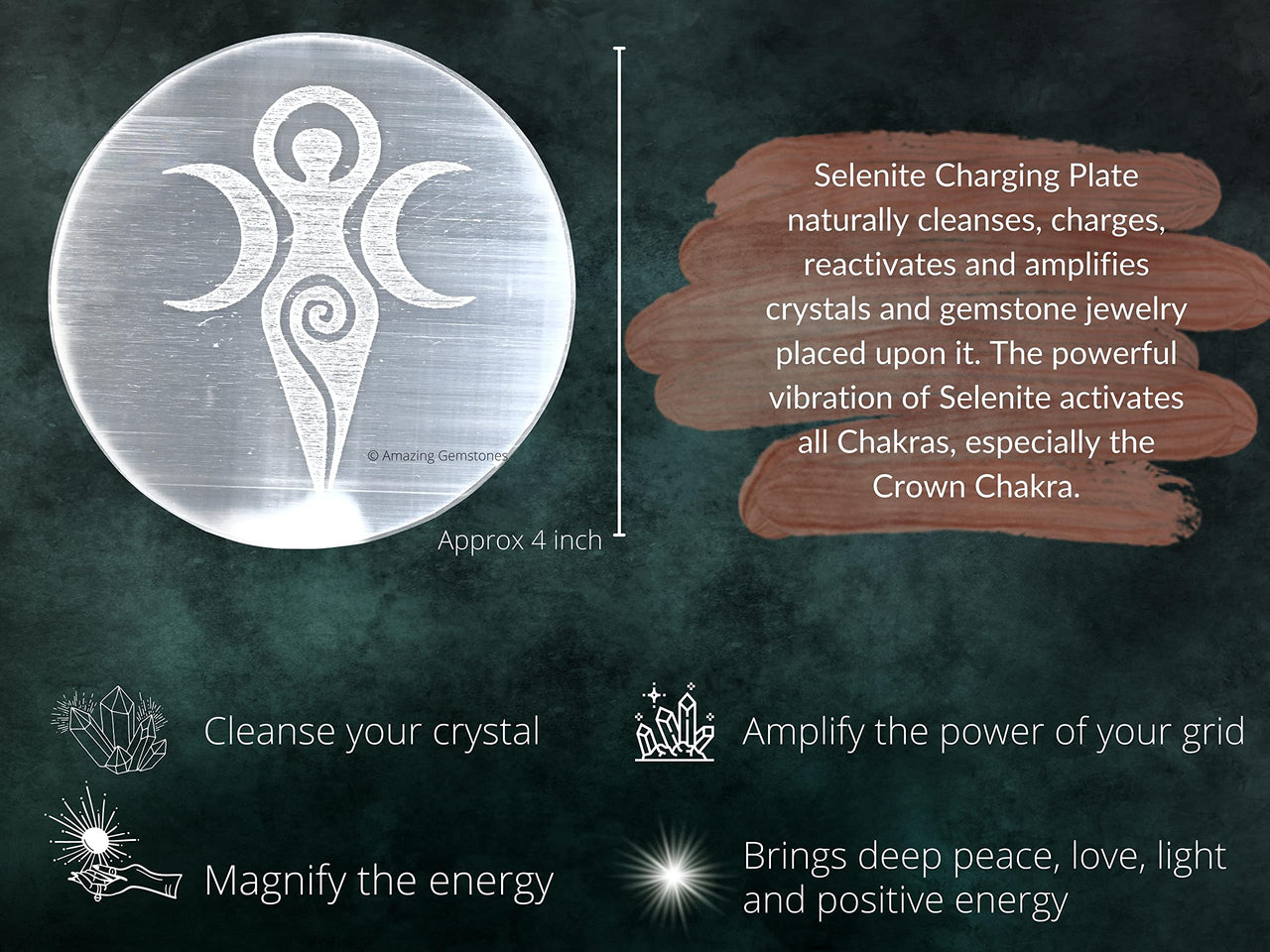 Selenite Crystal Charging Plate For Crystals And Healing Stones, 4.5" Selenite Crystal Plate Engraved Goddess Moon Coaster For Home Office Table Decor (Selenite Round Disc)