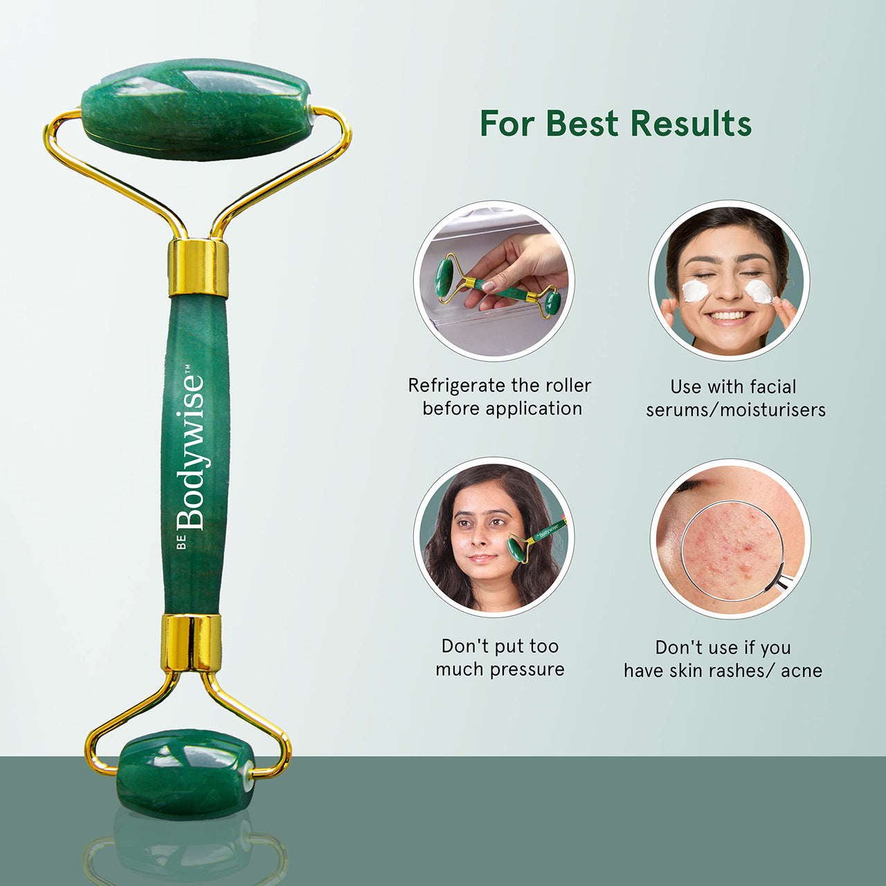 Be Bodywise Jade Roller Massager | 100% Natural Jade Face Roller | Tightens Skin, Reduces Wrinkles & Improves Blood Circulation | Best for Serum Application | Double Sided for Toning & Firming Face