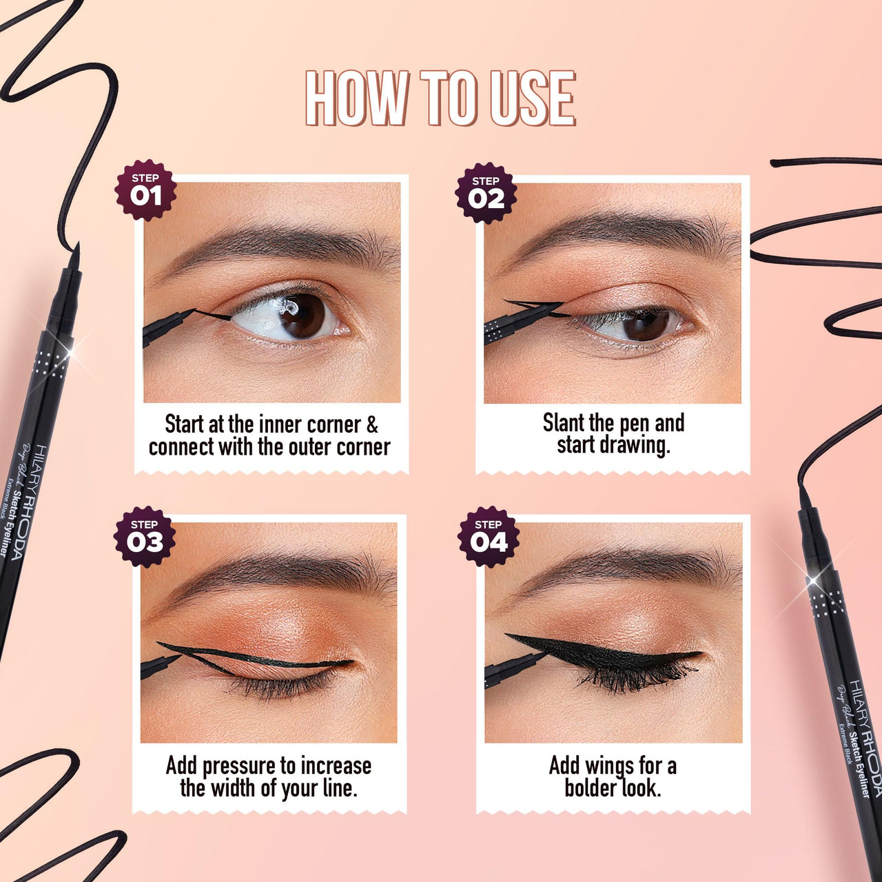 Hilary Rhoda Deep Black Sketch Eyeliner | Waterproof & Smudge-Proof Eyeliner | Deep Black & Long-Lasting | Single-Stroke Application | 1.2g