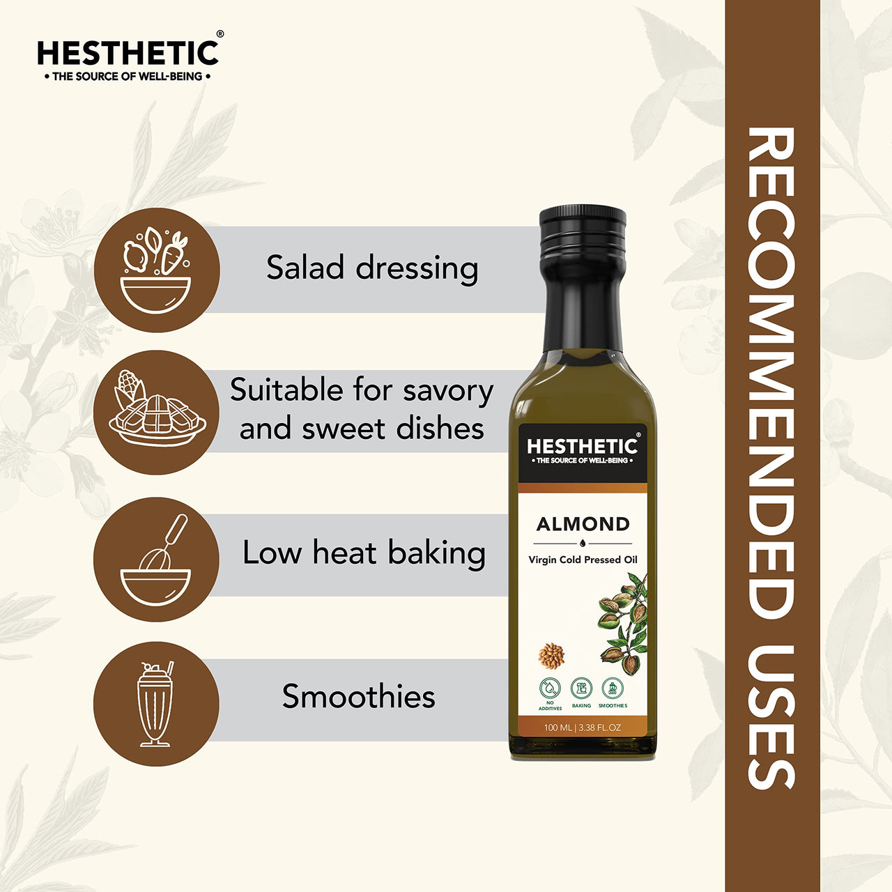 HESTHETIC Premium Virgin Cold Pressed Sweet Almond (Badam) Oil – 250ml, 100% Pure & Natural, Rich in Vitamin E, Moisturizing Oil for Skin, Hair & Nails, Cold-Pressed, Glass Bottle