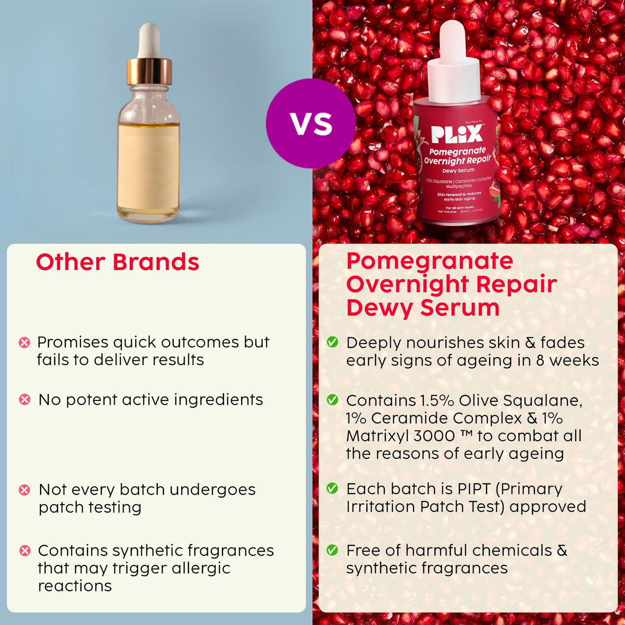 PLIX - THE PLANT FIX Pomegranate Overnight Repair Dewy Serum (30ml) for Ageless Younger Skin | Reduce Fine Lines & Wrinkles | Collagen Boosting, Hydrating Serum for Women & Men | Anti-ageing