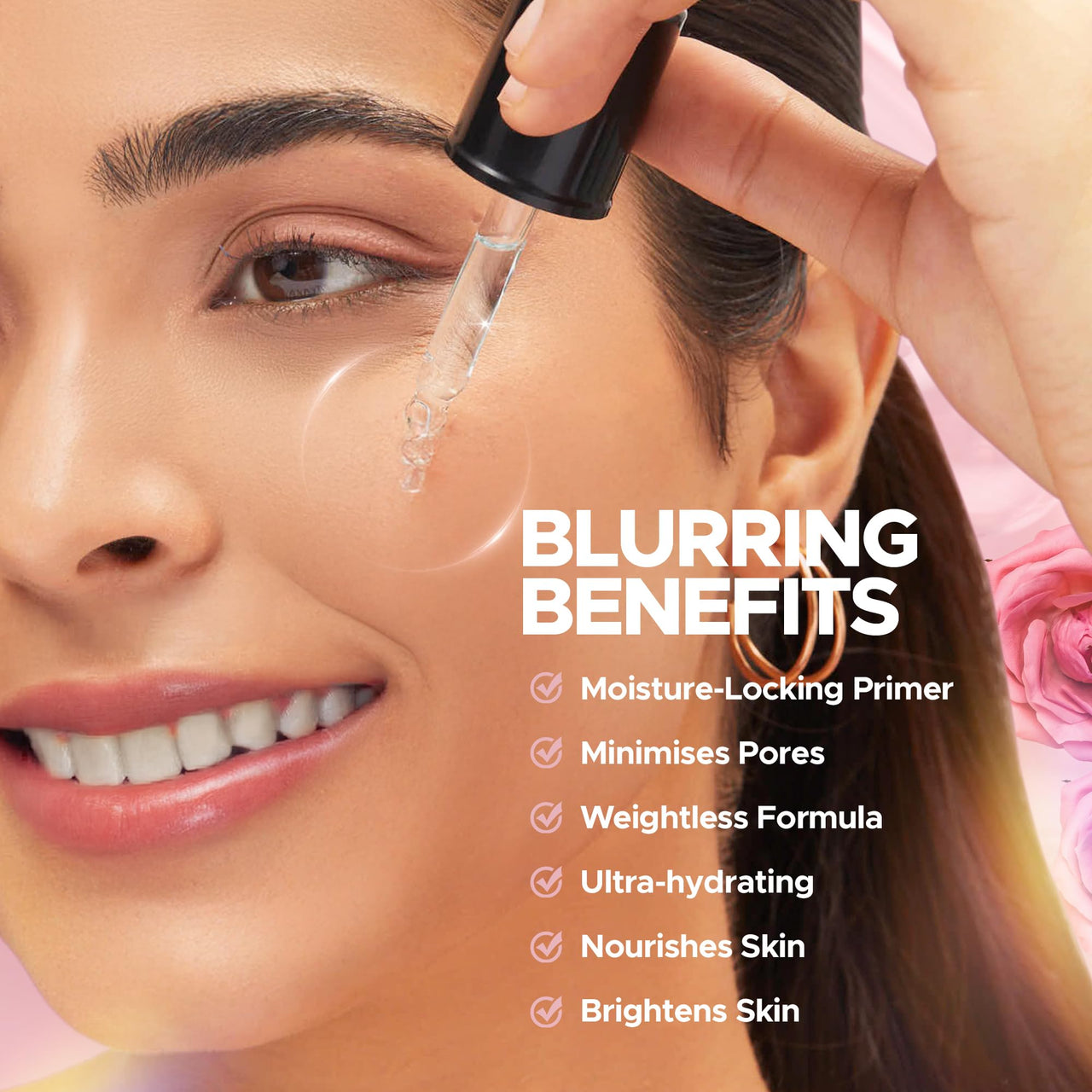 Hilary Rhoda Smooth Blur Primer Serum | Pore Minimising Serum for Face | Moisture-Locking | Infused with Niacinamide | Ultra-hydrating & Nourishes Skin | 30ml (Rose - Shade 01)