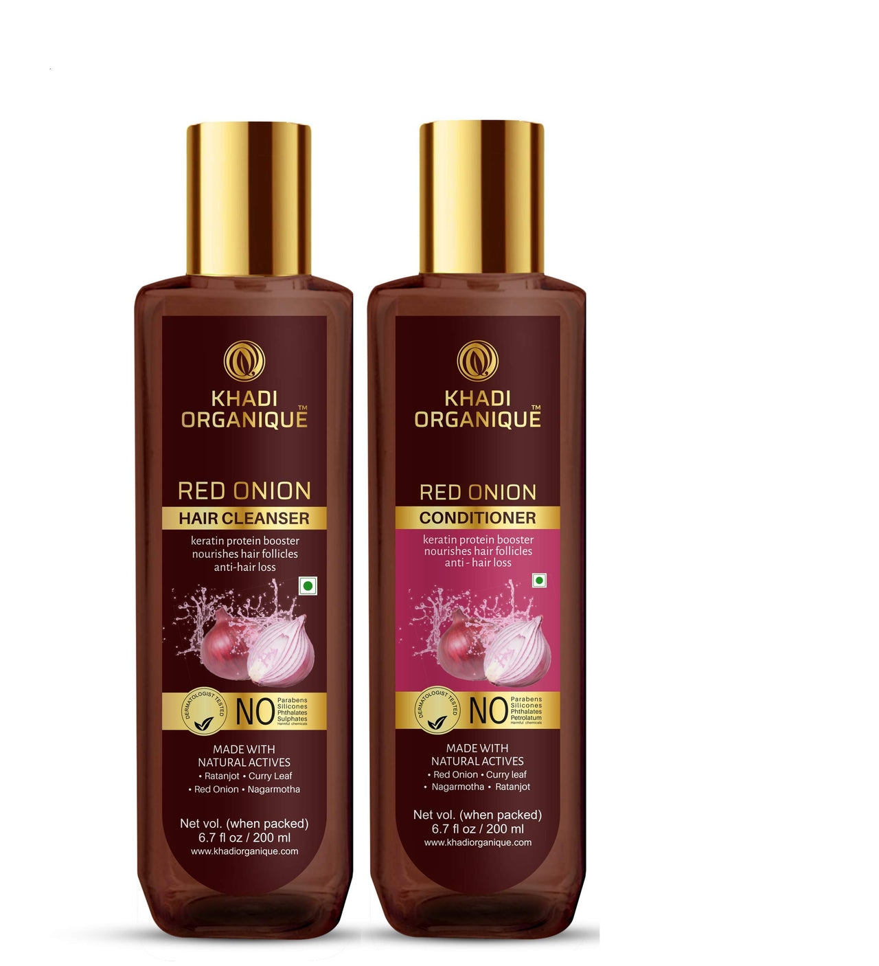 Khadi Organique Red Onion Shampoo & Hair Conditioner Combo for Natural Hair Growth, Hair Fall & Dandruff Control | Strengthen & Soften Hair with Silky & Shiny Appearance | SLS & Paraben Free - Pack of 2 - 2x200ml