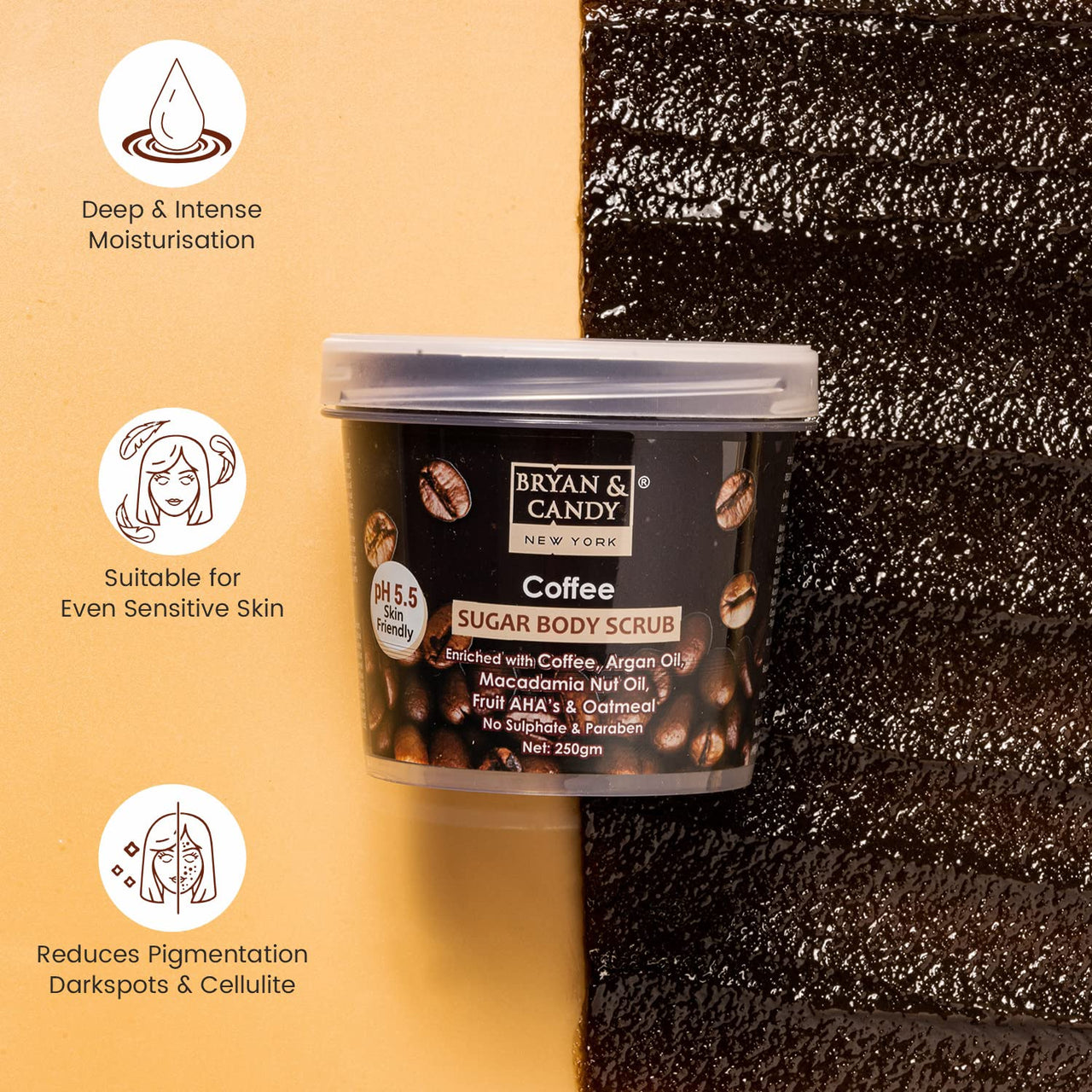 Bryan & Candy Coffee Sugar Body Scrub PH 5.5 For Tan Removal & Exfoliation|For Women & Men|Enriched with Coffee, Macadamia and Argan oil|Removes Dirt & Dead Skin from Neck, Knees, Elbows & Arms - 250g