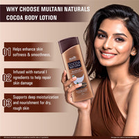 Multani Naturals Cocoa Body Lotion | Long Lasting Nourishment |Hydrating & Refreshing Skin| With Aloevera Juice & Cocoa Butter | Suitable for Normal to Dry Skin | Non Sticky & Non Greasy Lightweight Body Lotion - 100 ML (Pack of 2)