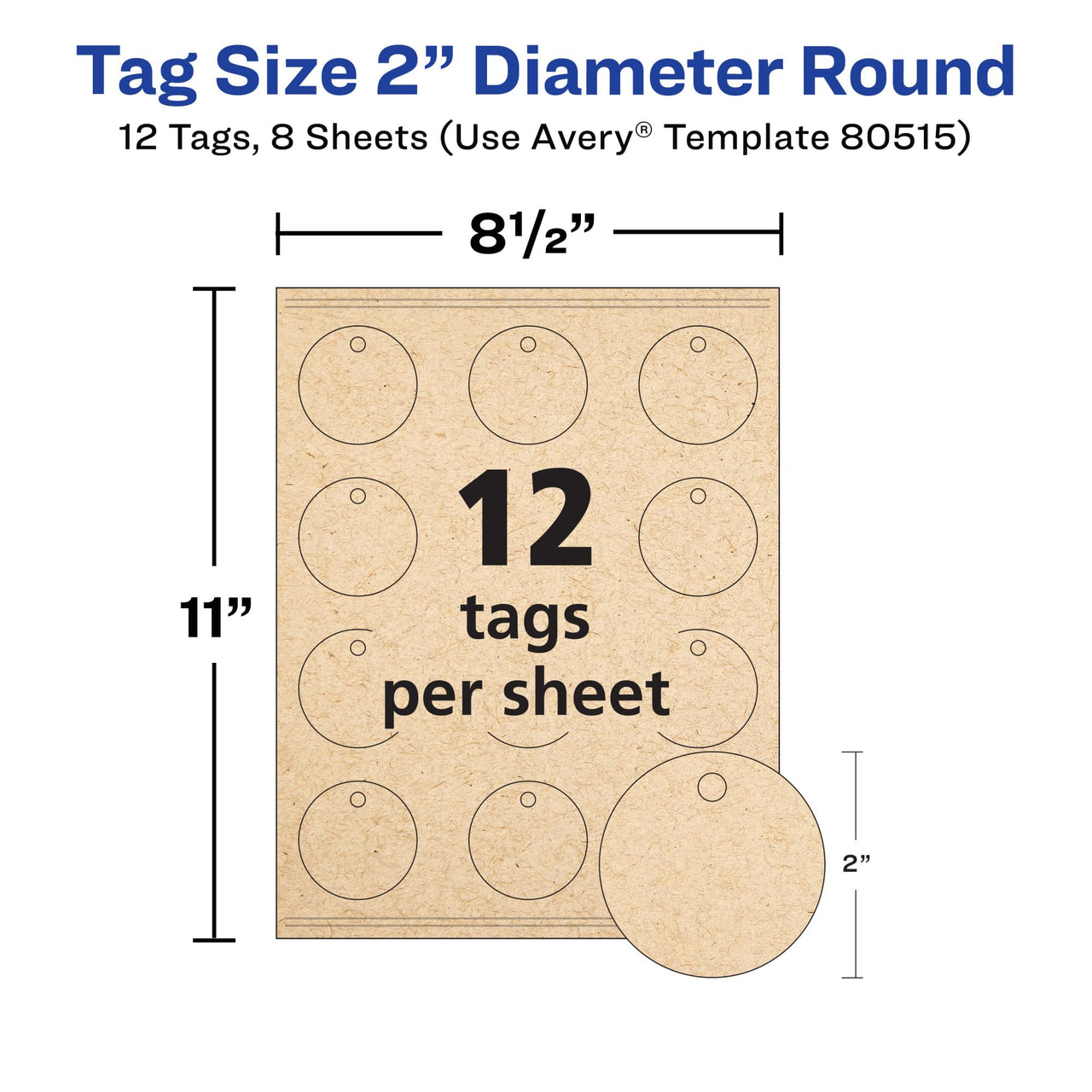 Avery Kraft Brown Round Tags with Sure Feed Technology, 2" Diameter, Laser/Inkjet, 96 Printable Tags with Strings Included, Also Great for Gift Tags and Favor Tags (80515)