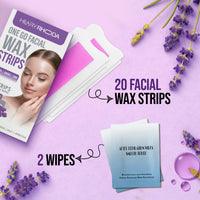Hilary Rhoda One Go Facial Wax Strips | Ready-To-Use | Face, Cheek, Upper Lip & Chin Facial Wax | Painless Hair Removal | With 2 Finish Wipes | 20 Strips (Lavender)