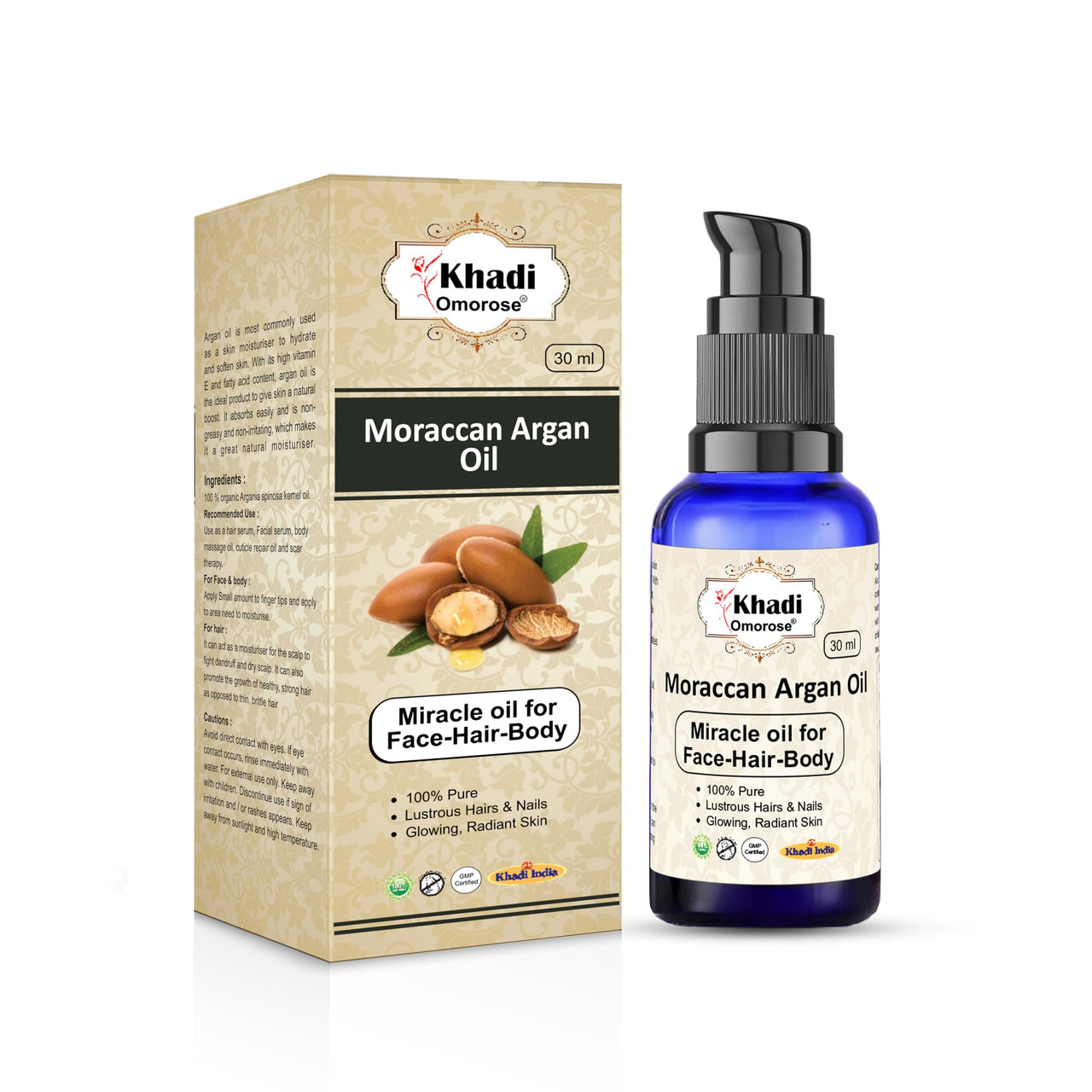 Khadi Omorose Moraccan Argan Oil, Cold Pressed Organic, 30ml, for Skin, Hair & Anti-Ageing Face Care ! 30 ml