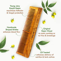 Nat Habit - Kacchi Neem Wooden Comb - Soaked In 17 Herbs, Neem & Sesame Oil For Multi-Actions - Detangling, Frizz Control & Shine (Dual Tooth, Fine Tooth & Wide Tooth) Combo Pack of 3