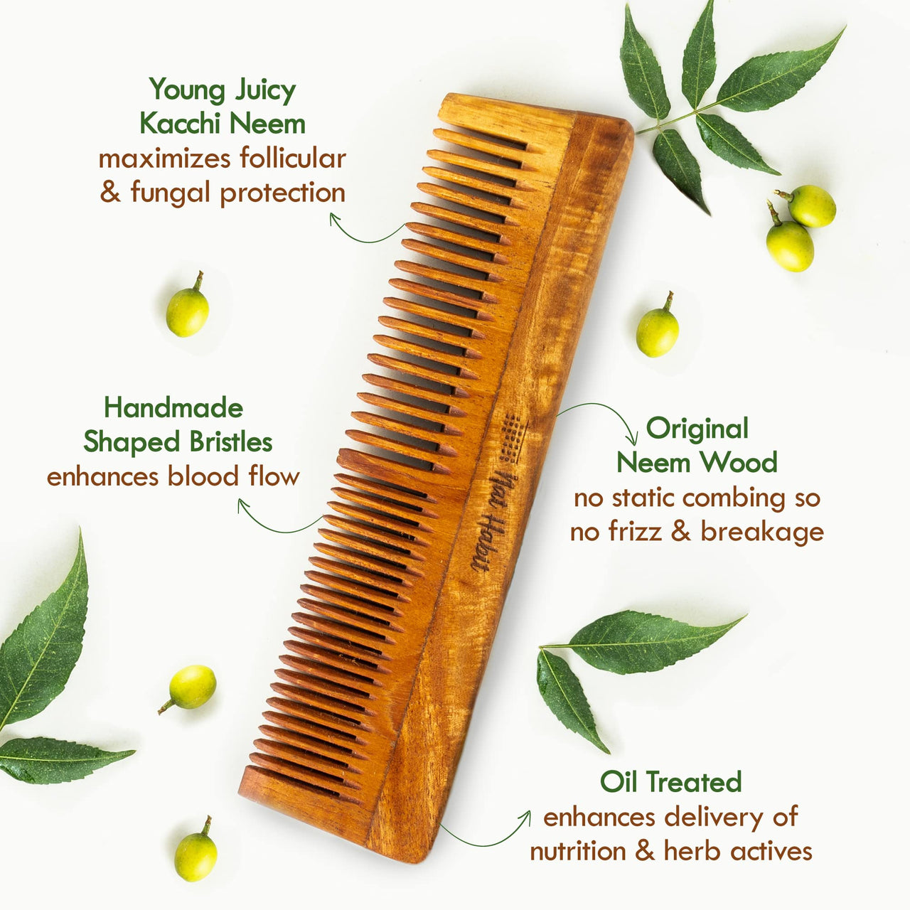 Nat Habit Kacchi Neem Wooden Comb, Soaked In 17 Herbs Neem, Castor & Coconut Oil For Multi-Actions Detangling, Frizz Control & Shine (Dual Tooth & Fine Tooth) Combo Pack of 2