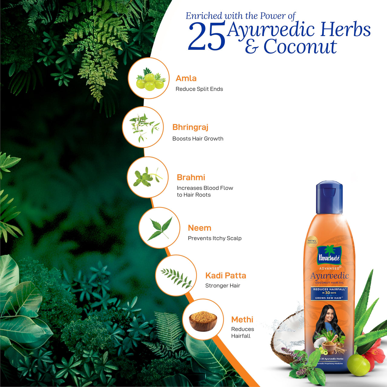 Parachute Advansed Ayurvedic Coconut Hair Oil | For Hair Fall Control & Hair Growth | With Coconut & 25 Ayurvedic Herbs like Amla, Neem, Bhringraj, Brahmi, Methi etc | Clinically Proven to Reduce Hair Fall in 30 Days | 300ml