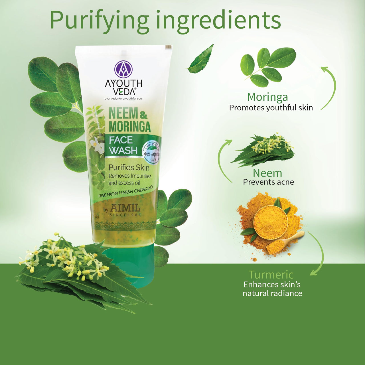 Ayouthveda Neem & Moringa Skin Purifying Face Wash For Acne & Pimples | Remove Excess Oil & Pulls Out Deep-Seated Dirt & Impurities (Pack of 2: 50g each)