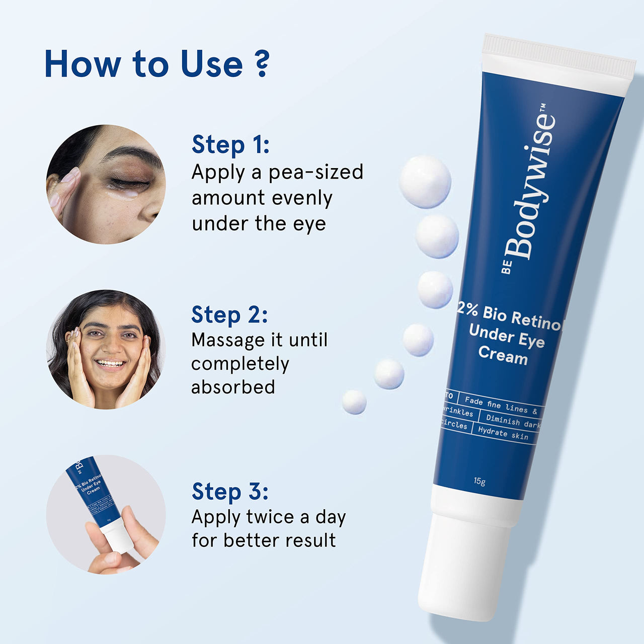 Be Bodywise 2% Bio Retinol Under Eye Cream 15g | With 2% Bio Retinol, 1% Niacinamide & 2% Kakadu Plum | Helps to Reduce Dark Circles, Fine Lines & Wrinkles, Puffed Eyes