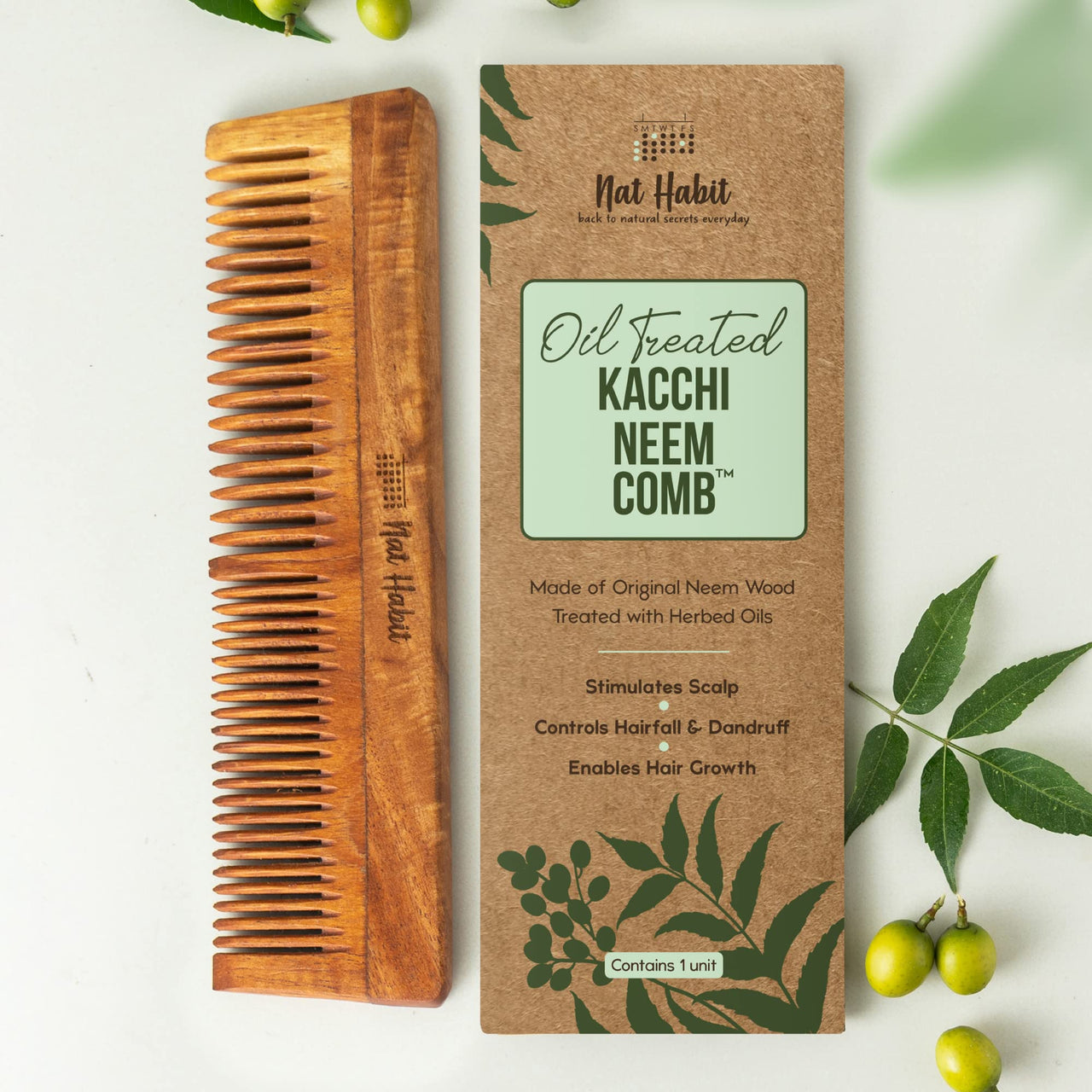 Nat Habit - Kacchi Neem Wooden Comb - Soaked In 17 Herbs Neem & Sesame Oil For Multi-Actions - Deta,Nat Habit Kacchi Neem Wooden Comb -Soaked In 17 Herbs Neem, Castor & Coconut Oil For Multi-Actions