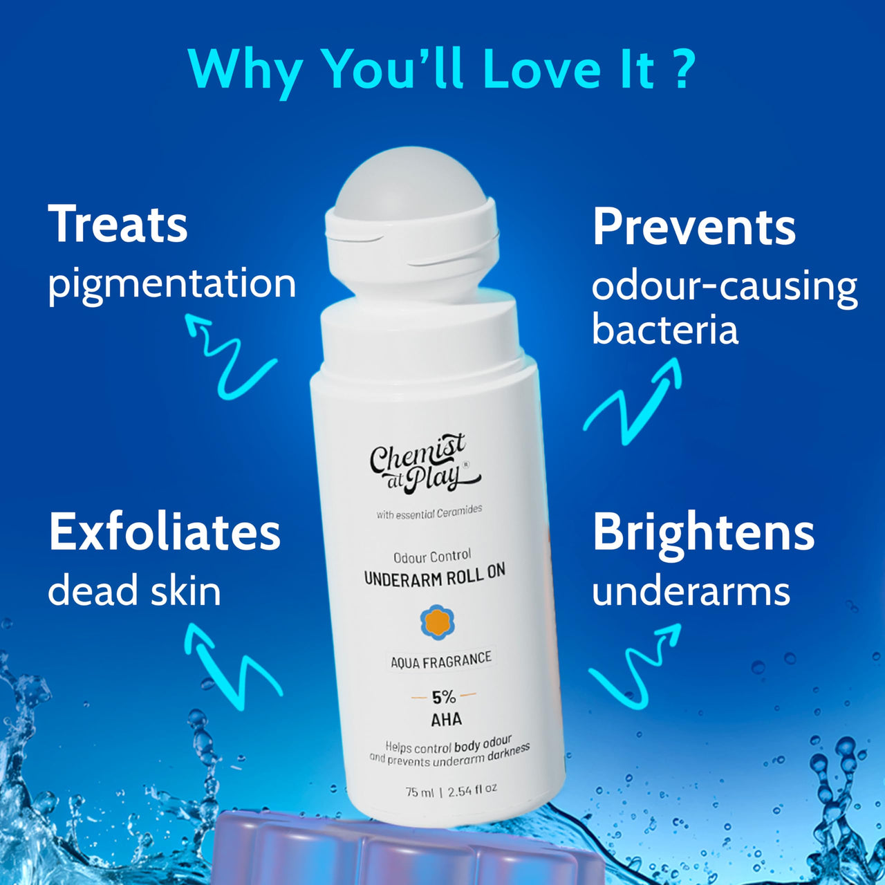 Chemist at Play UnderArm Roll-On with 5% AHA, Lactic Acid & 1% Mandelic Acid | Prevents Body Odour, Brightens Skin & Exfoliates Underarm | Fades Pigmentation & Kills Bacteria | For Sensitive Skin | Aqua Fragrance | Alcohol Free - 75ml