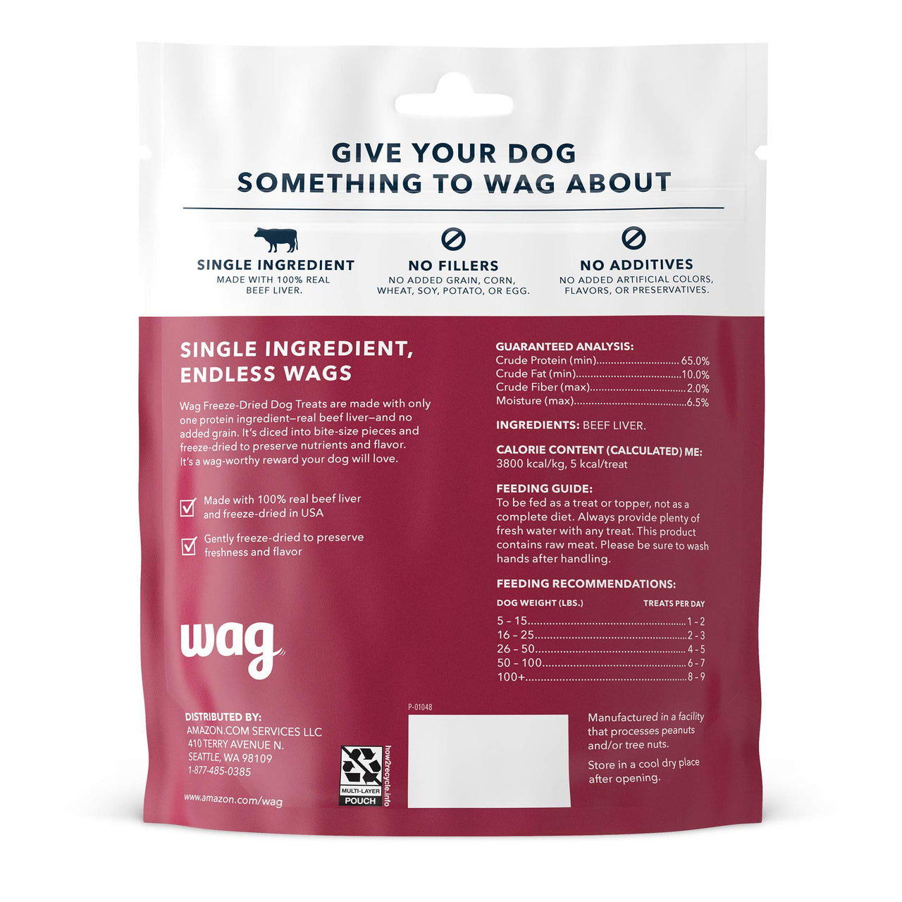 Wag Freeze-Dried Raw Single Ingredient Dog Treats, Beef Liver, 3.3oz