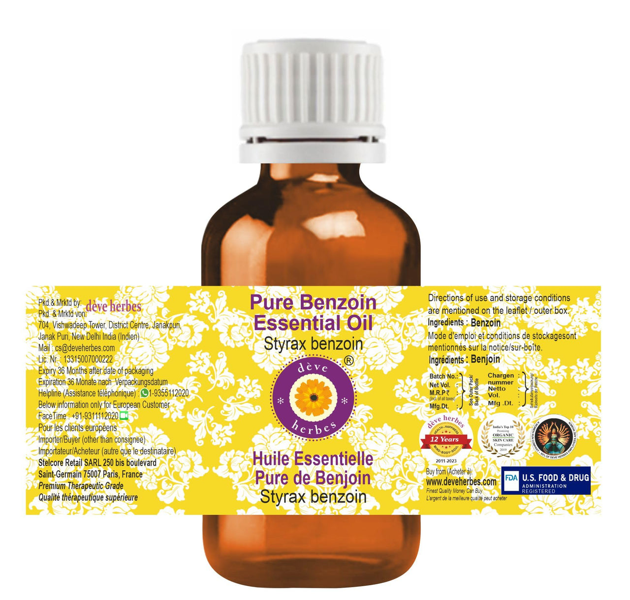 Deve Herbes Pure Benzoin Essential Oil (Styrax benzoin) Steam Distilled 100ml