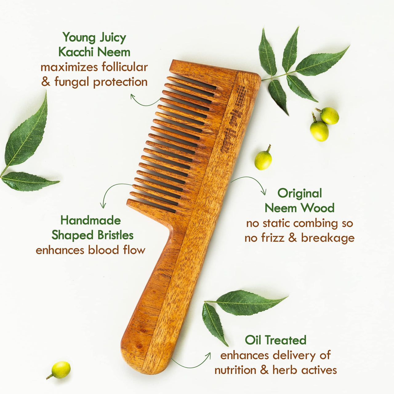 Nat Habit Kacchi Neem Wooden Comb, Soaked In 17 Herbs Neem, Castor & Coconut Oil For Multi-Actions Detangling, Frizz Control & Shine (Dual Tooth & Fine Tooth) Combo Pack of 2