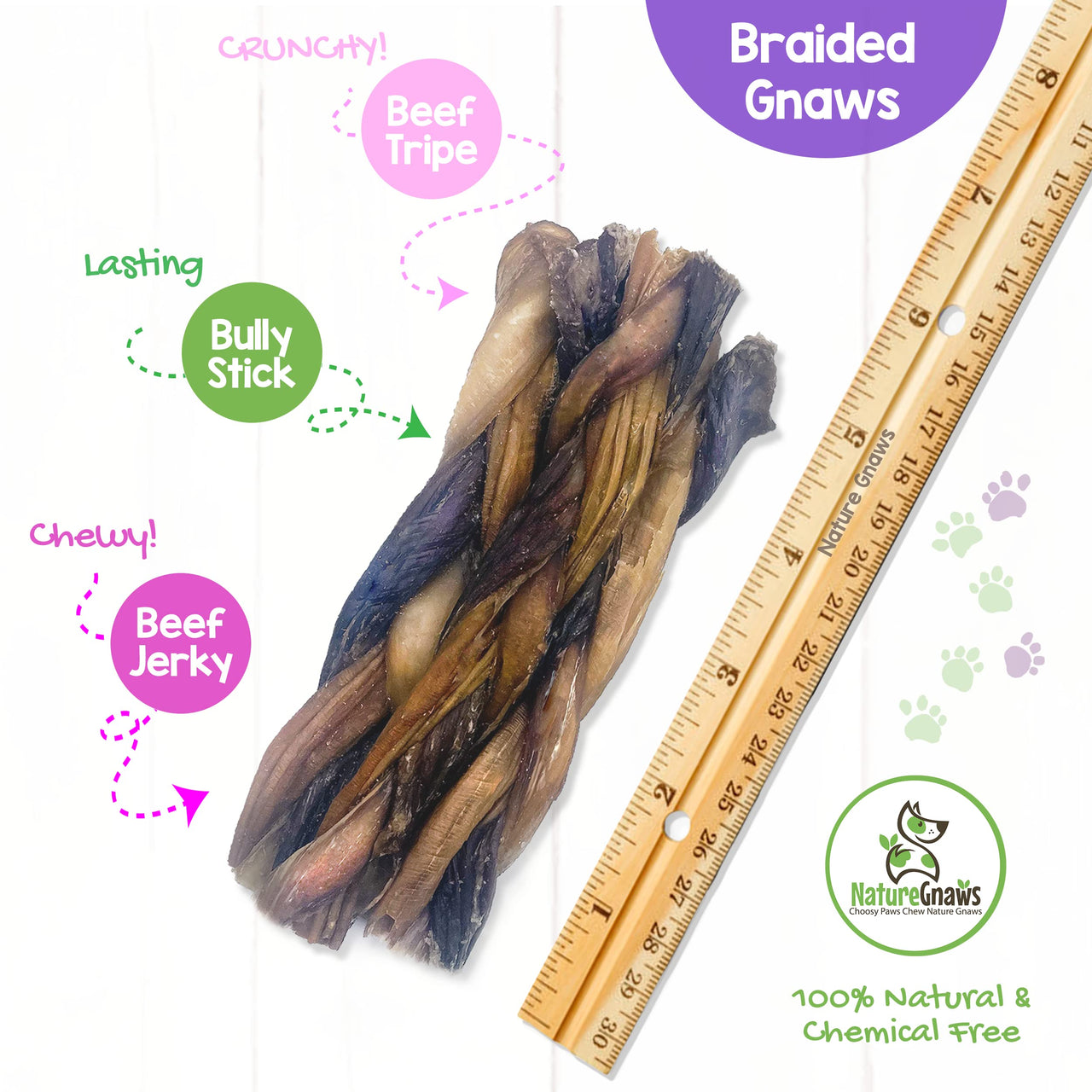 Nature Gnaws Braided Gnaws for Dogs - Premium Natural Beef Dog Chew Treats - Combo of Bully Sticks, Gullet Jerky and Tripe Twists - Rawhide Free 12 Count (Pack of 1)