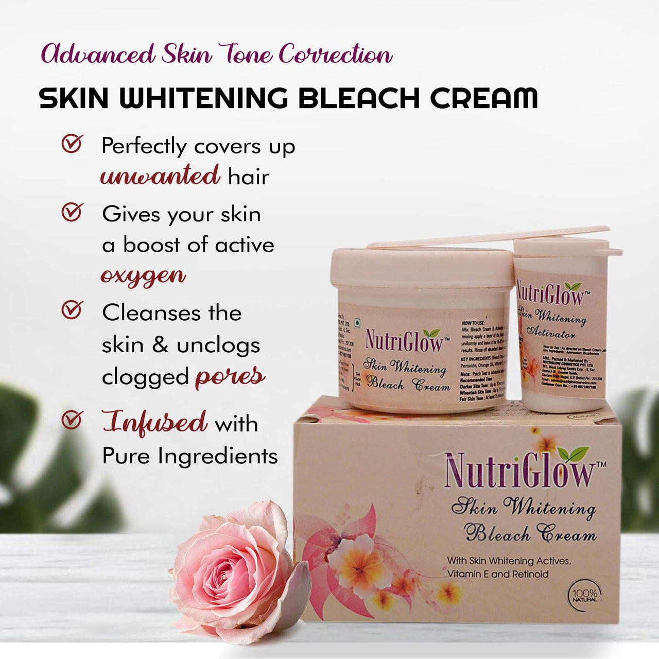 NutriGlow NATURAL'S Advanced Pro Formula Combo Pack of 2 Skin Whitening Facial Kit (60gm) and Skin Whitening Bleach Cream for All Skin Types (43gm)