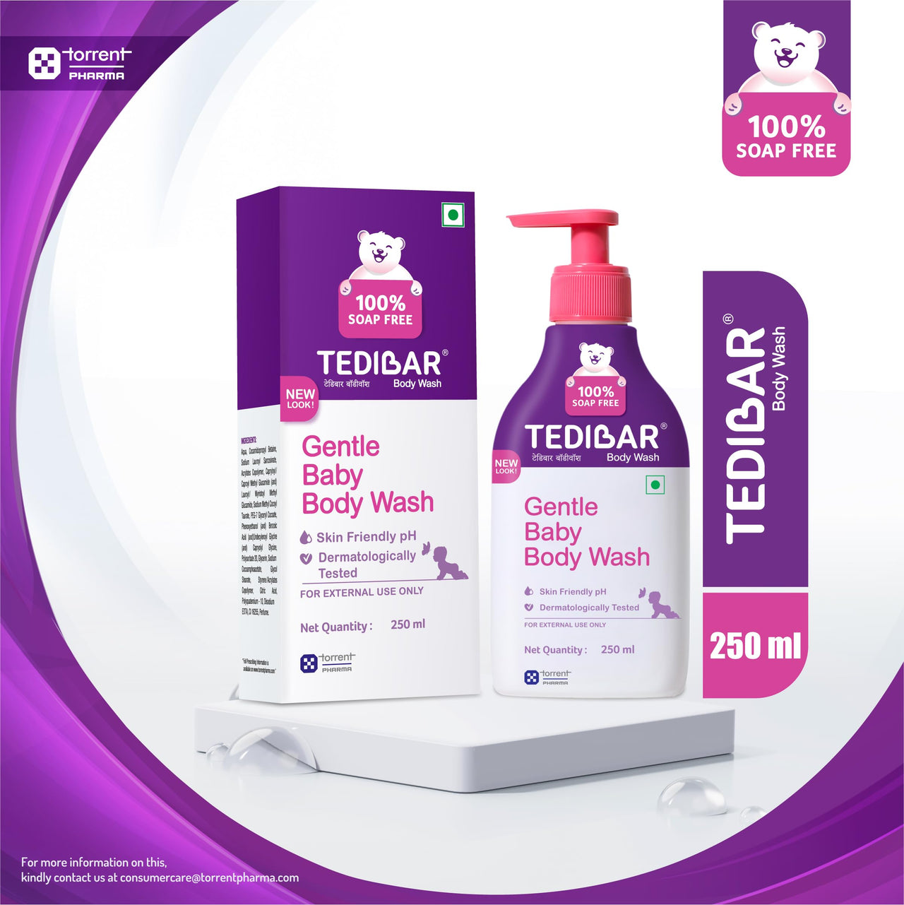 Tedibar Rich Moisturising Baby Body Wash 250ml with Skin Friendly PH | 100% Soap & Alkali Free With Tedibar Moisturising Baby Bathing Bar 75g(Pack of 1) with Skin Friendly PH- By Torrent Pharma