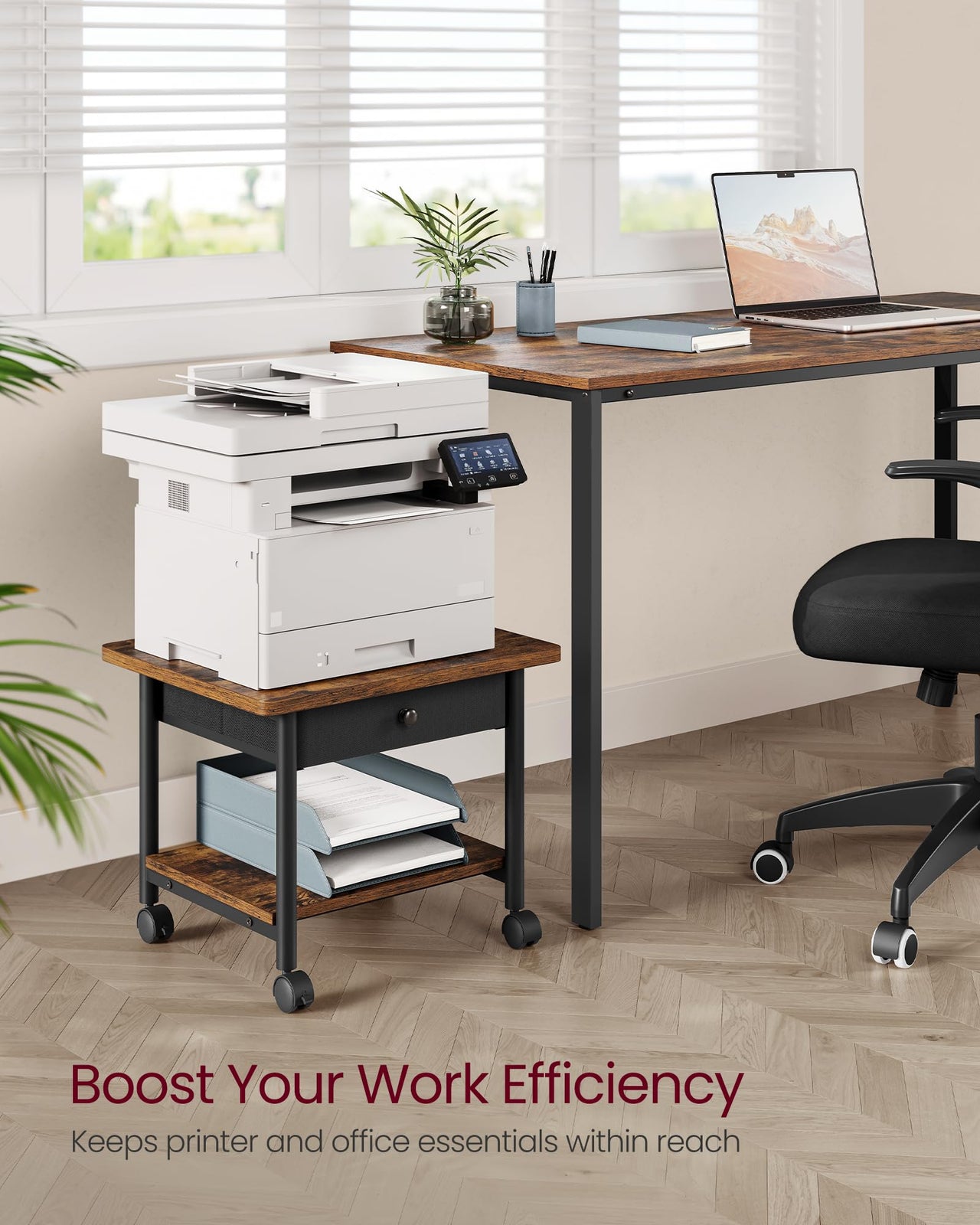 VASAGLE Printer Stand, Under Desk Printer Stand with Wheels, Drawer with Divider, Bottom Shelf, Fits Inkjet, Laser, Photo, All-in-One Printers, Home Office, Rustic Brown and Ink Black UOPS004B01 2-Tier with Drawer
