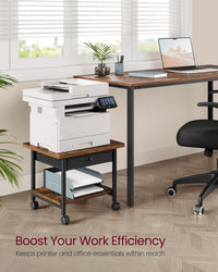 VASAGLE Printer Stand, Under Desk Printer Stand with Wheels, Drawer with Divider, Bottom Shelf, Fits Inkjet, Laser, Photo, All-in-One Printers, Home Office, Rustic Brown and Ink Black UOPS004B01 2-Tier with Drawer