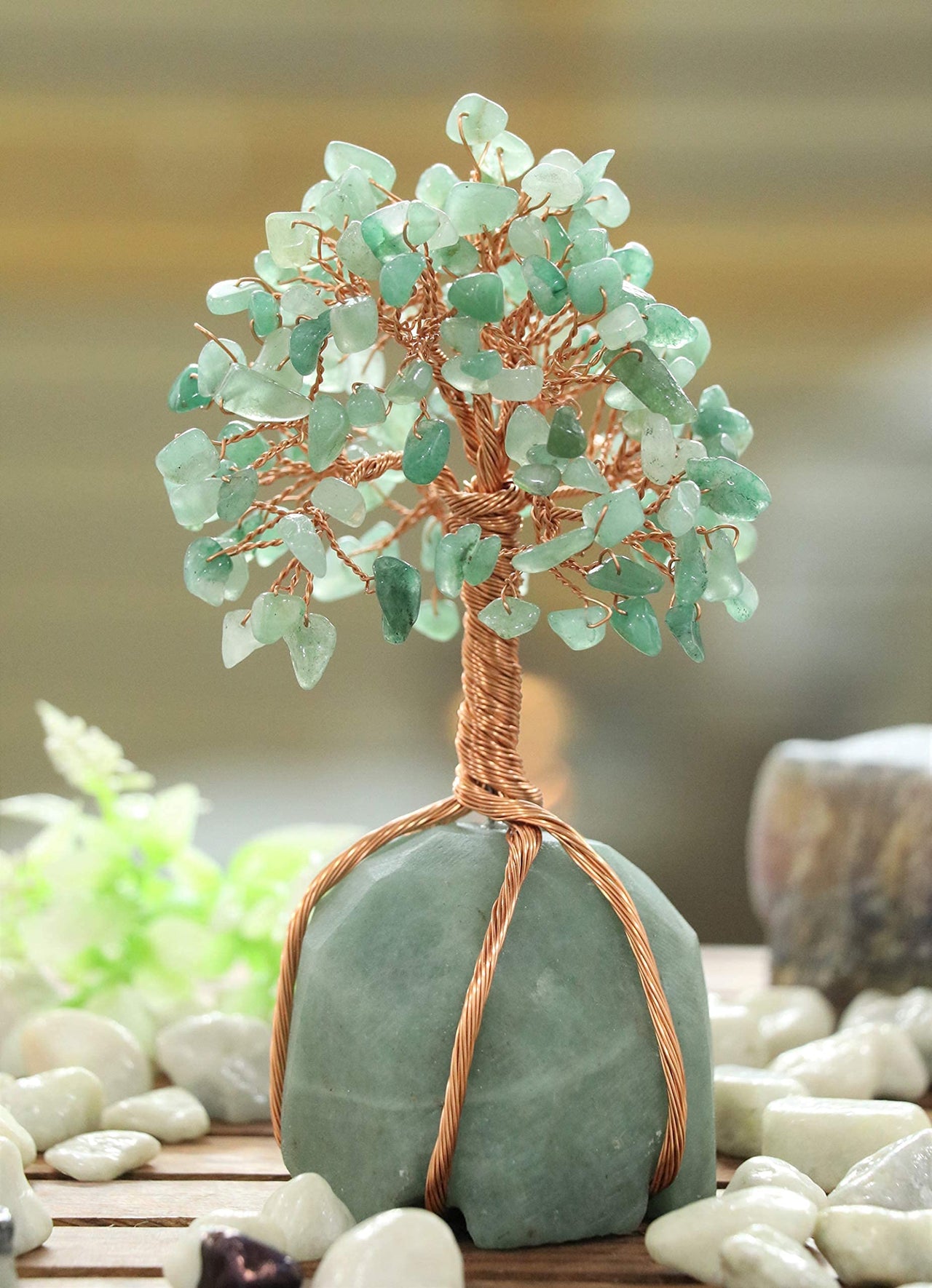 Green Aventurine Chakra Tree of Life - Crystal Tree for Positive Energy, Green Aventurine Base, Handmade Gemstone Tree, Copper Wire Money Tree - Feng Shui Decor, Green Healing Crystals, Spiritual Gift Green Aventurine + Green Base