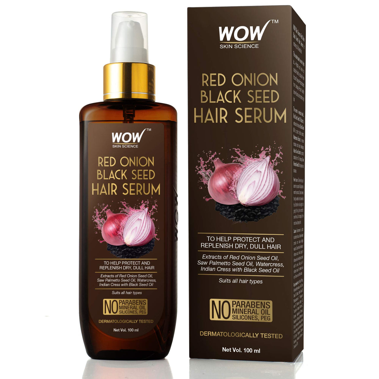 WOW Skin Science Red Onion Black Seed Hair Serum - with Red Onion Seed Oil Extract, Watercress - NON STICKY - for Frizz Control & Replenishing Dry, Dull Hair - No Parabens, Silicones & PEG - 100mL