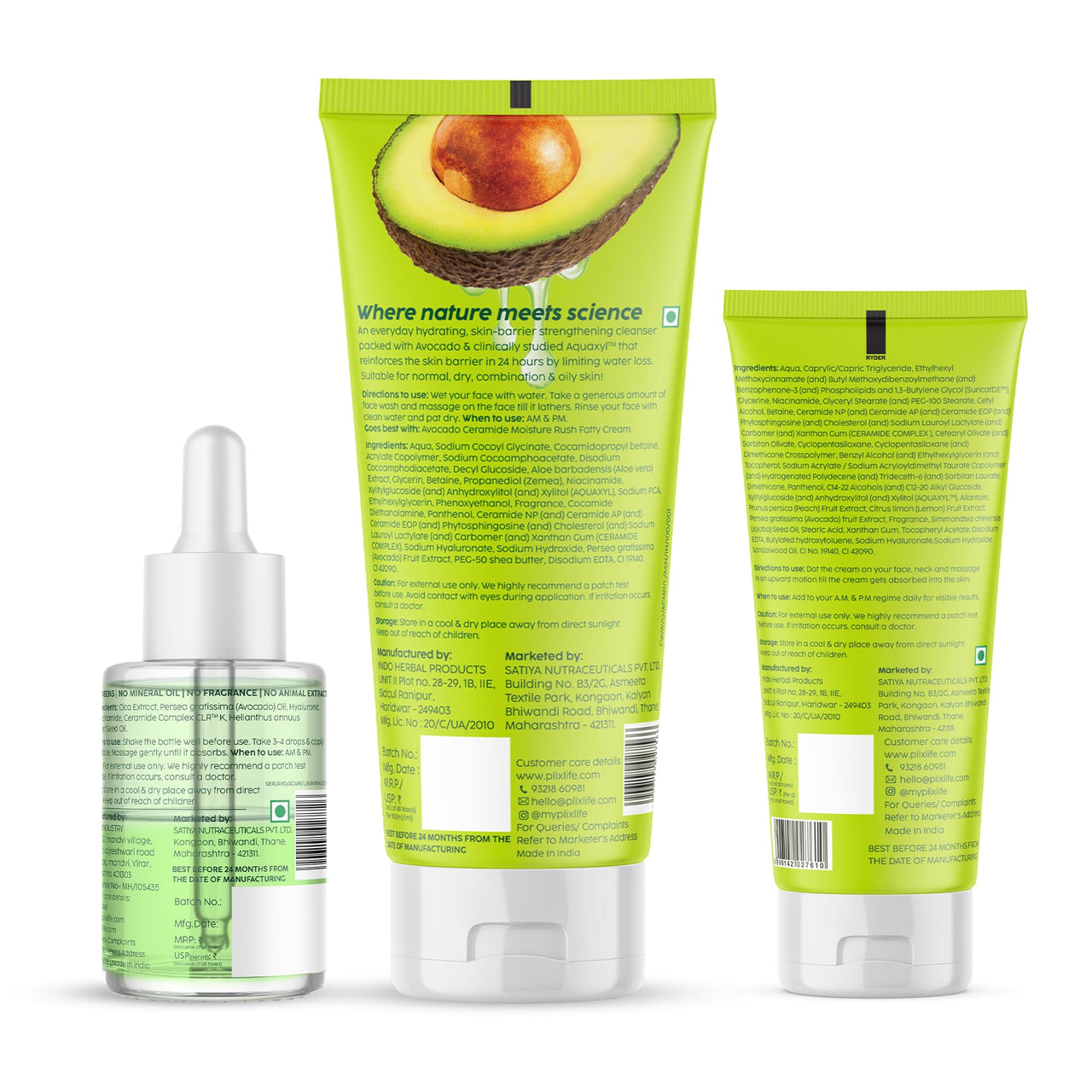 PLIX - THE PLANT FIX Barrier Repair Combo Kit with Avocado Ceramide Moisture Rush Serum, Cleanser & Cream | Nourishes and Hydrates Skin |For Men & Women| Pack of 3 (30ml + 100ml + 50gm)