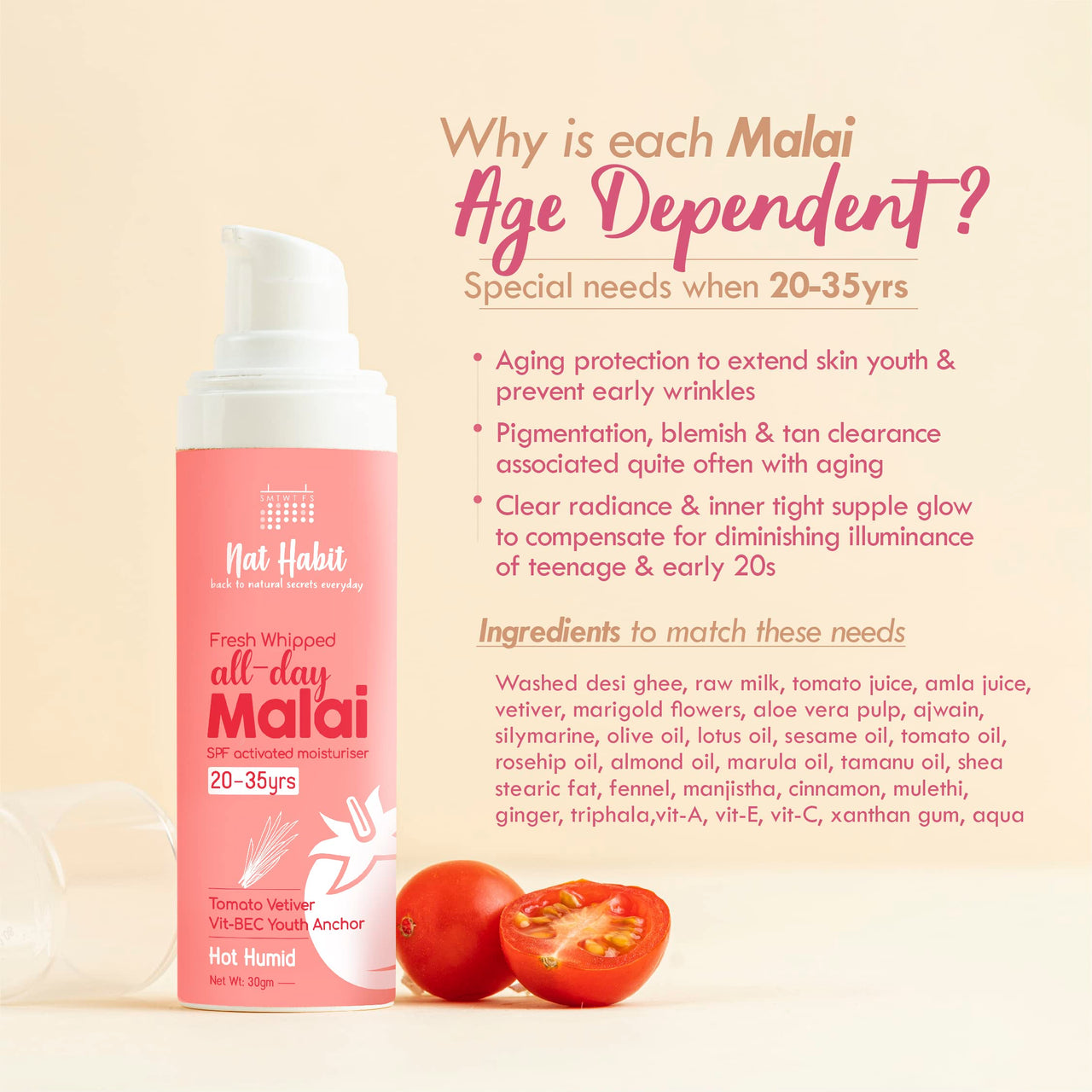 Nat Habit All Day Face Cream, Fresh Whipped Tomato Vetiver Face Malai, Vitamins B, E & C - Youth Anchor For Hot Humid Weather Moisturization & Sun Protection (Ages 20-35 yrs, 30g)