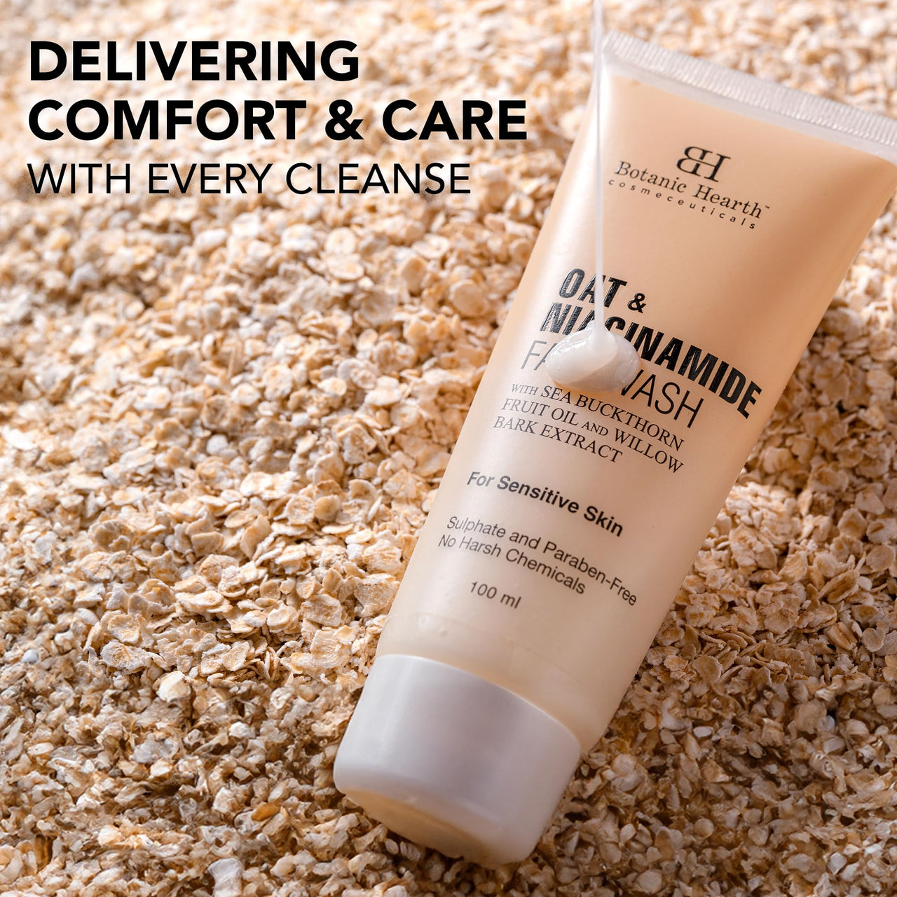 Botanic Hearth Oat & Niacinamide Cleanser Face Wash Enriched with Seabuckthorn fruit oil, Willow Bark Extract | Ideal for Sensitive Skin | for Women & Men | Sulphate & Paraben Free | 100ml