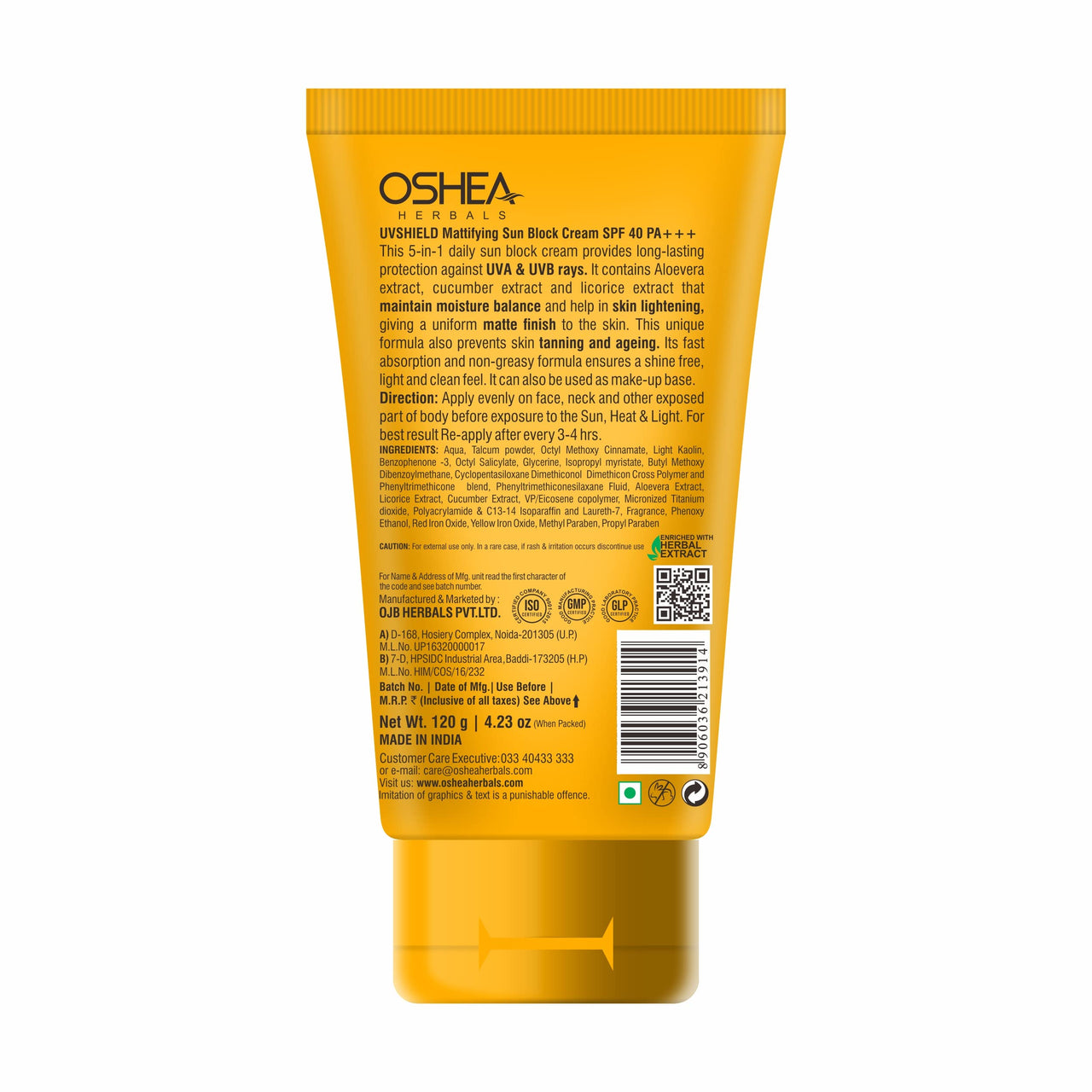 Oshea Herbals SPF 40 PA +++ UVshield Mattifying Non Greasy & Water Resistant Sunscreen for All Skin Types | Protection from UVA & UVB, Removes Tanning & Ageing | Enriched with Cucumber Extract 120g