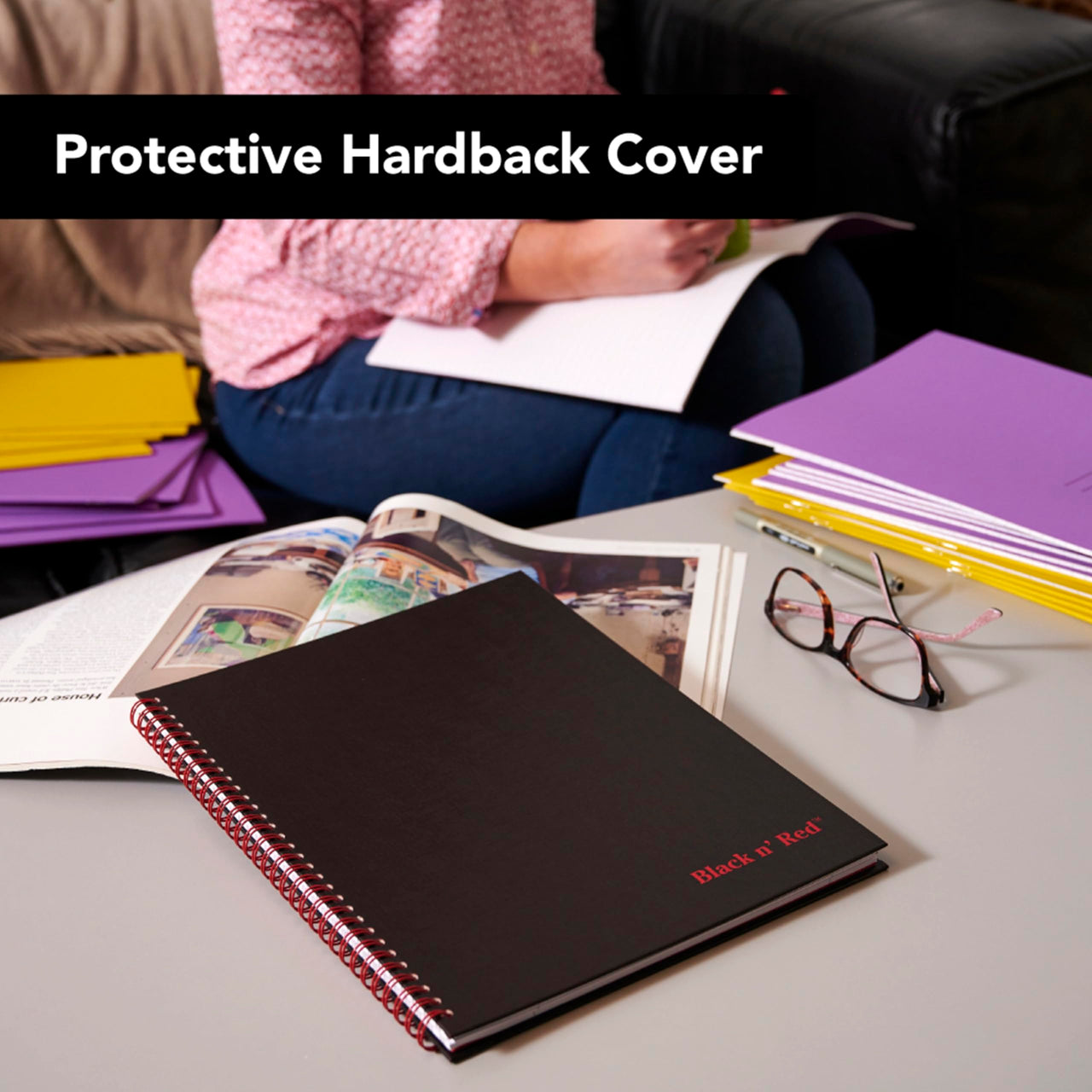 Black n' Red Notebook, Business Journal, 11" x 8-1/2", 70 Sheets, Ruled, Optik Paper, Scribzee App, Hardcover, Wirebound, Black (K67030)