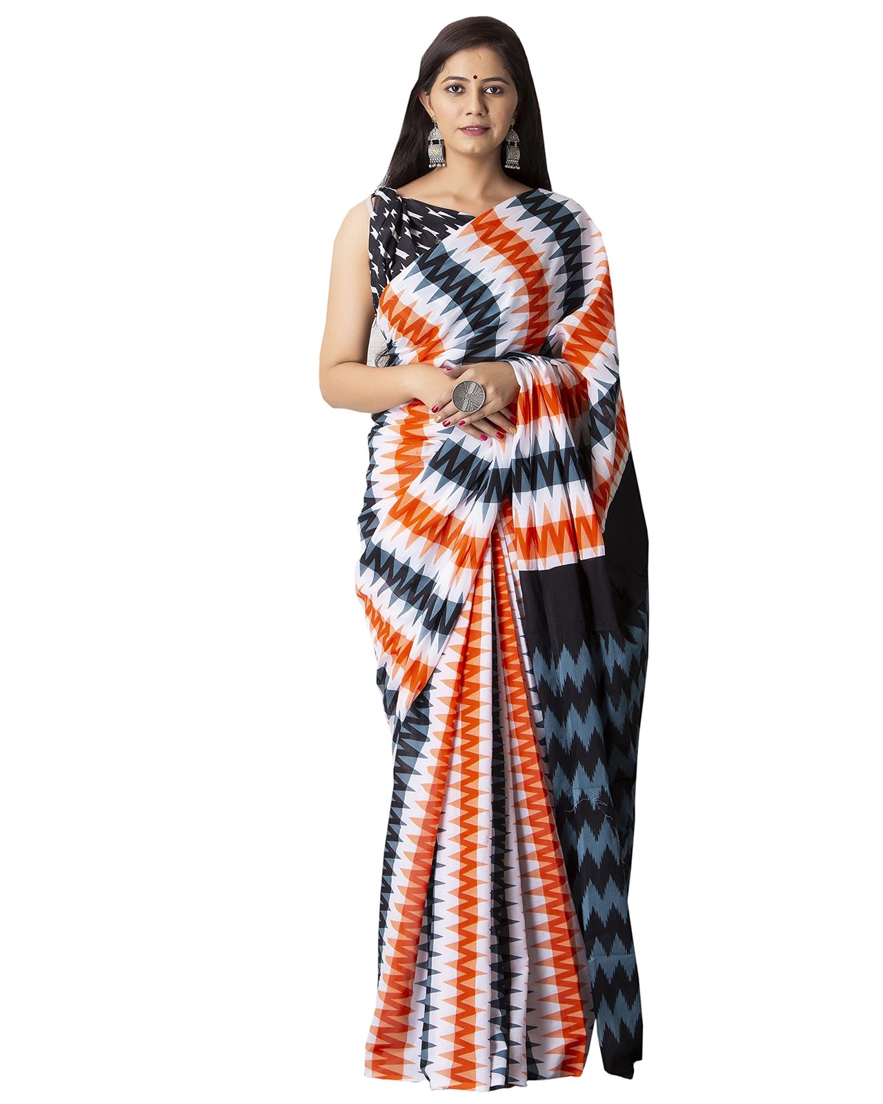 Shivanya Handicrafts Women's  Hand block printed cotton mulmul fabric saree Ikkat printed With Blouse Piece Traditional Jaipuri Print